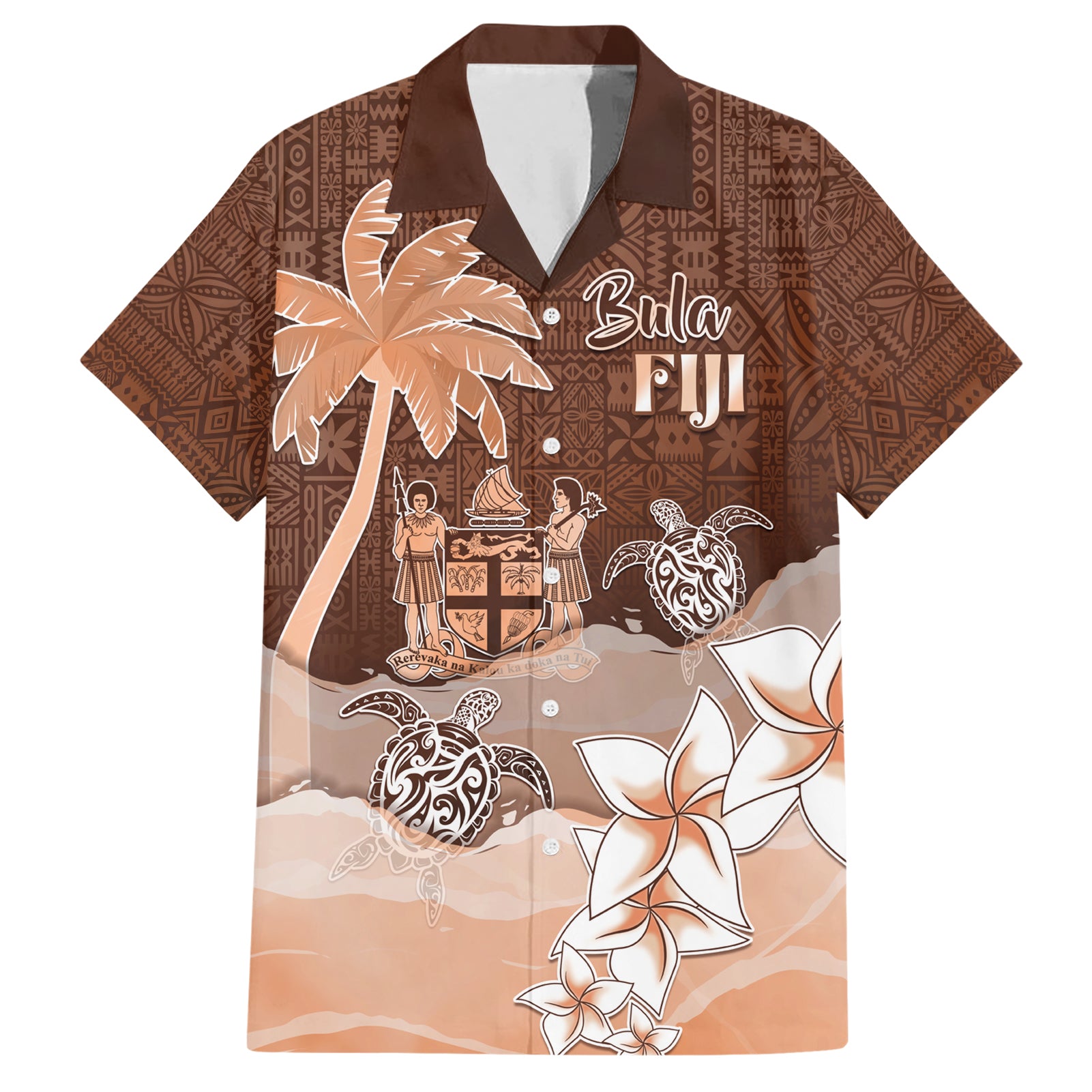 Personalised Bula Fiji Hawaiian Shirt Fijian Masi Pattern With Brown Coat Of Arms LT05 Brown - Polynesian Pride