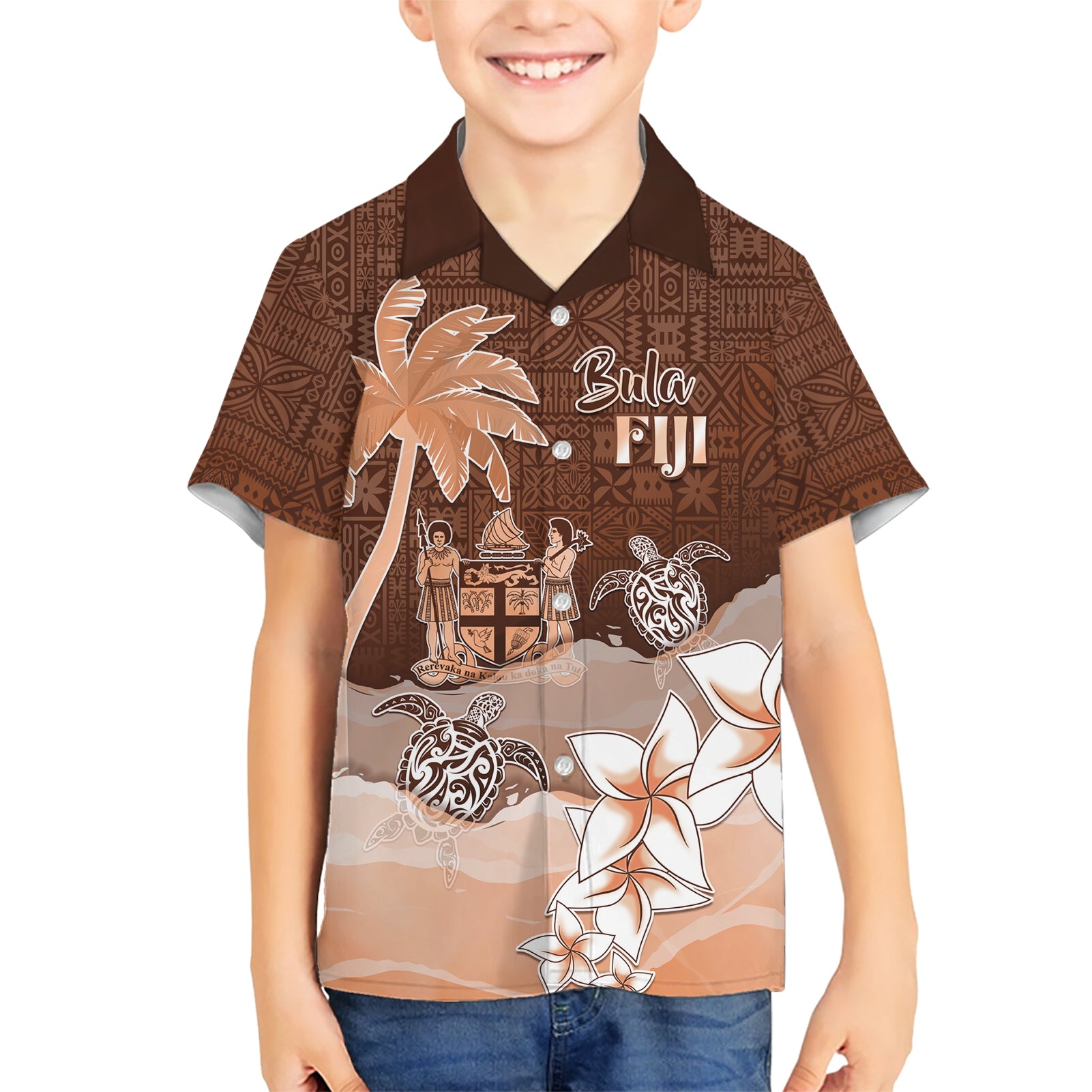 Personalised Bula Fiji Kid Hawaiian Shirt Fijian Masi Pattern With Brown Coat Of Arms LT05 Kid Brown - Polynesian Pride