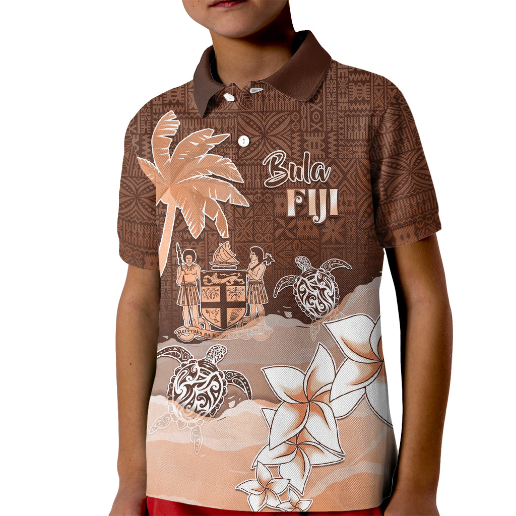 Personalised Bula Fiji Kid Polo Shirt Fijian Masi Pattern With Brown Coat Of Arms LT05 Kid Brown - Polynesian Pride