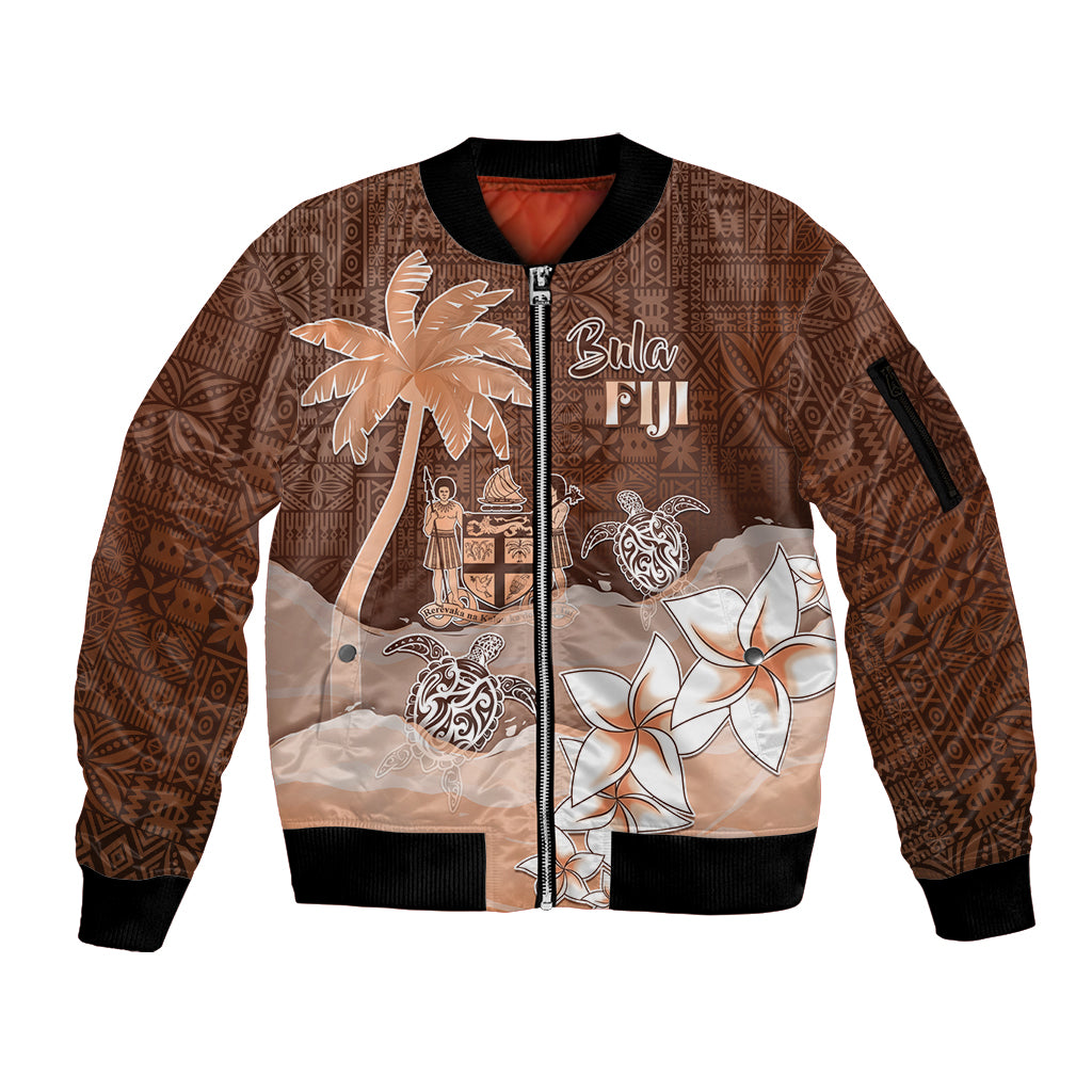 Personalised Bula Fiji Sleeve Zip Bomber Jacket Fijian Masi Pattern With Brown Coat Of Arms LT05 Unisex Brown - Polynesian Pride