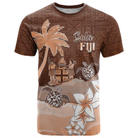 Personalised Bula Fiji T Shirt Fijian Masi Pattern With Brown Coat Of Arms LT05 Brown - Polynesian Pride