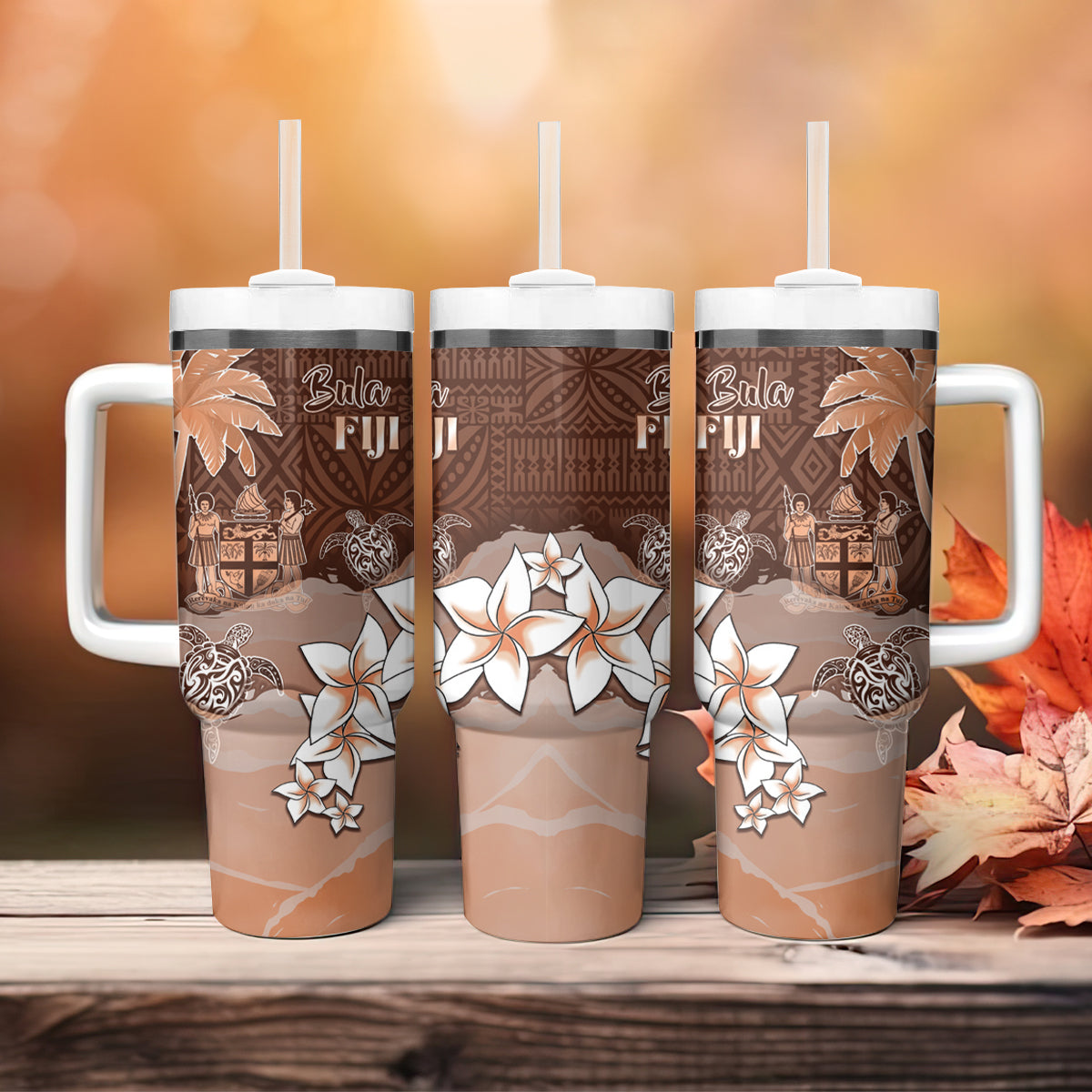 Bula Fiji Tumbler With Handle Fijian Masi Pattern With Brown Coat Of Arms