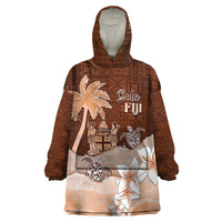 Personalised Bula Fiji Wearable Blanket Hoodie Fijian Masi Pattern With Brown Coat Of Arms LT05 One Size Brown - Polynesian Pride