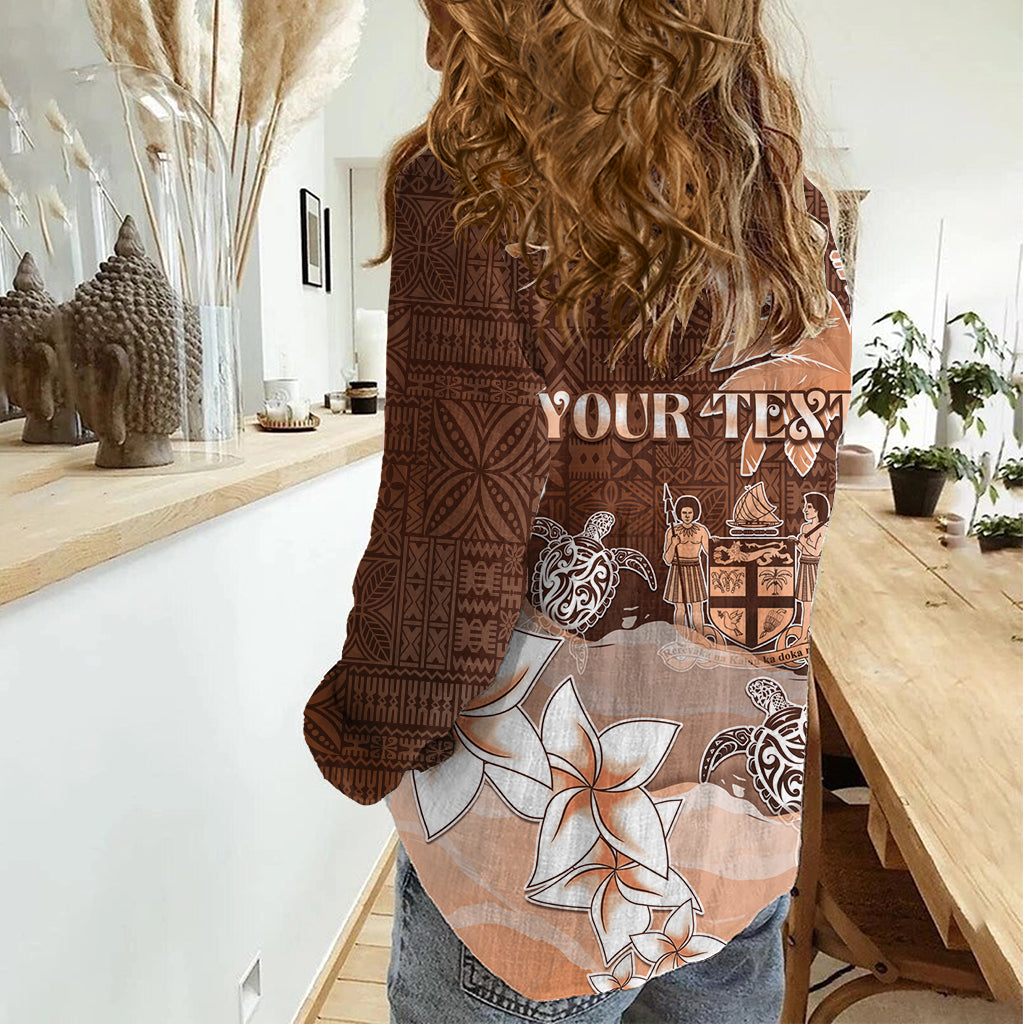 Personalised Bula Fiji Women Casual Shirt Fijian Masi Pattern With Brown Coat Of Arms LT05 - Polynesian Pride