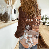 Personalised Bula Fiji Women Casual Shirt Fijian Masi Pattern With Brown Coat Of Arms LT05 - Polynesian Pride