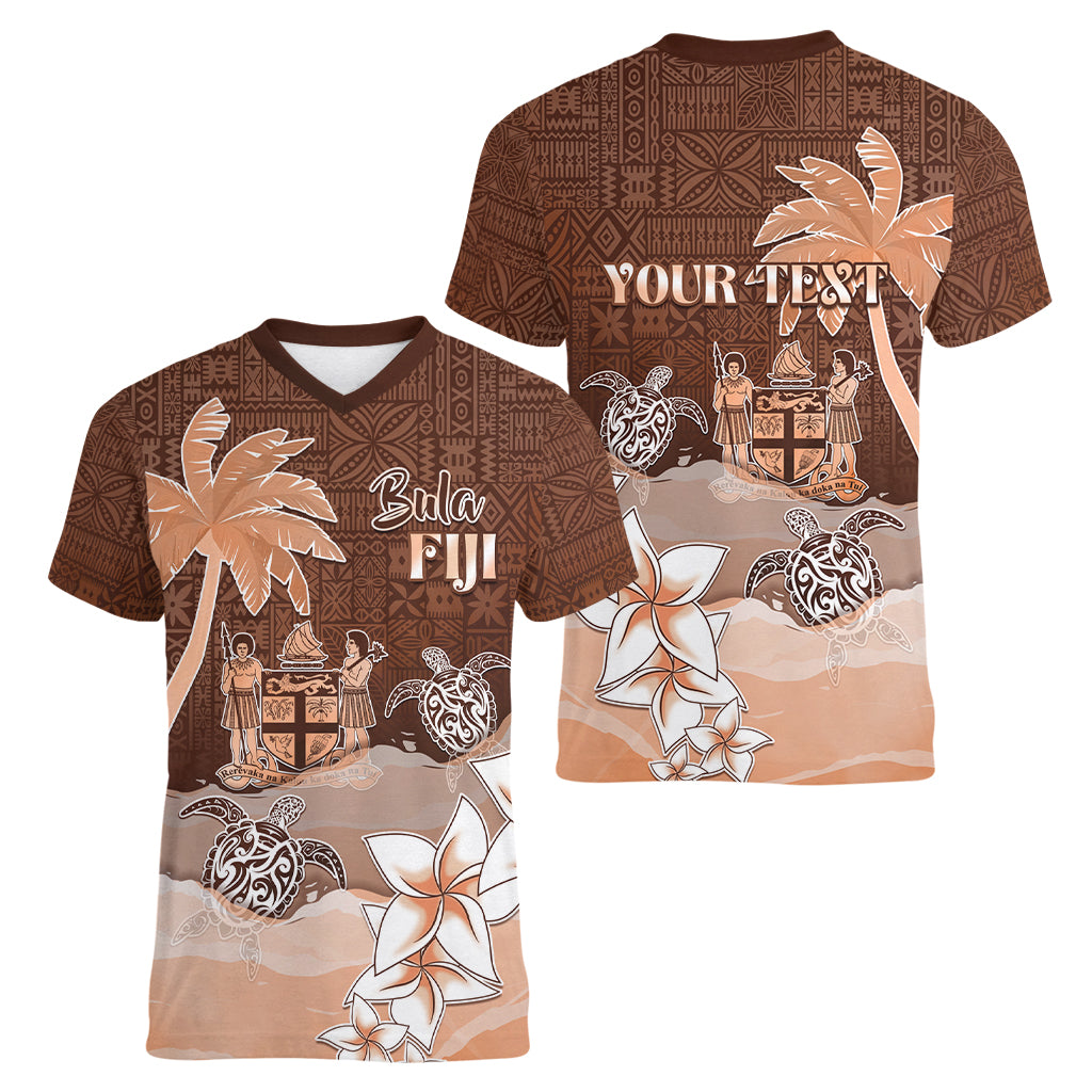 Personalised Bula Fiji Women V Neck T Shirt Fijian Masi Pattern With Brown Coat Of Arms LT05 - Polynesian Pride