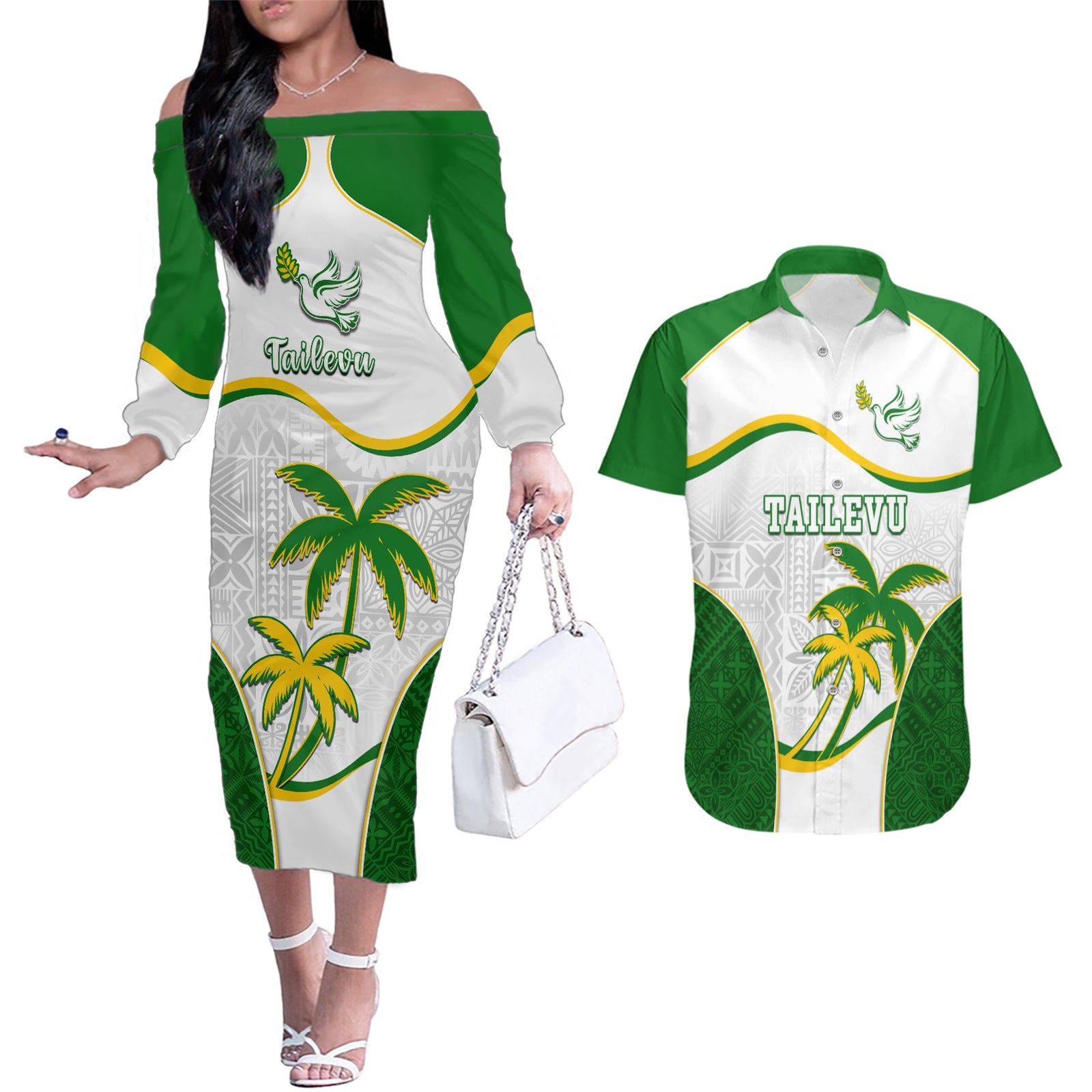Custom Tailevu Rugby Couples Matching Off The Shoulder Long Sleeve Dress and Hawaiian Shirt Fiji Tapa Pattern LT05 Green - Polynesian Pride