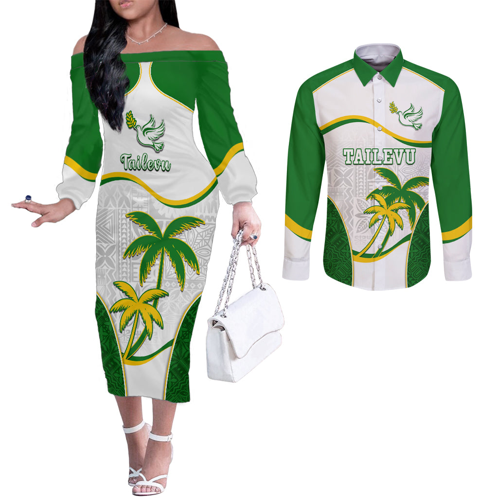Custom Tailevu Rugby Couples Matching Off The Shoulder Long Sleeve Dress and Long Sleeve Button Shirt Fiji Tapa Pattern LT05 Green - Polynesian Pride