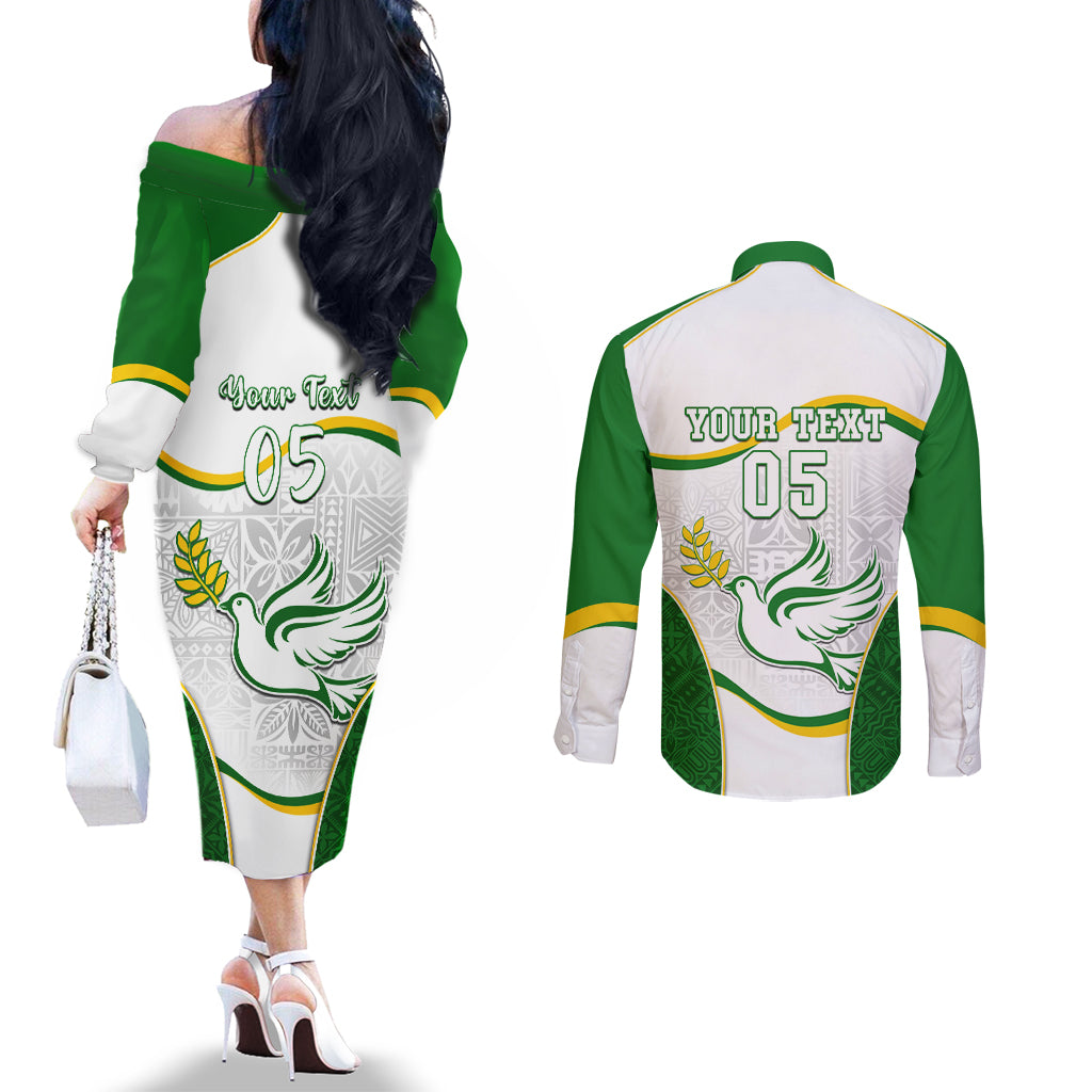 Custom Tailevu Rugby Couples Matching Off The Shoulder Long Sleeve Dress and Long Sleeve Button Shirt Fiji Tapa Pattern LT05 - Polynesian Pride