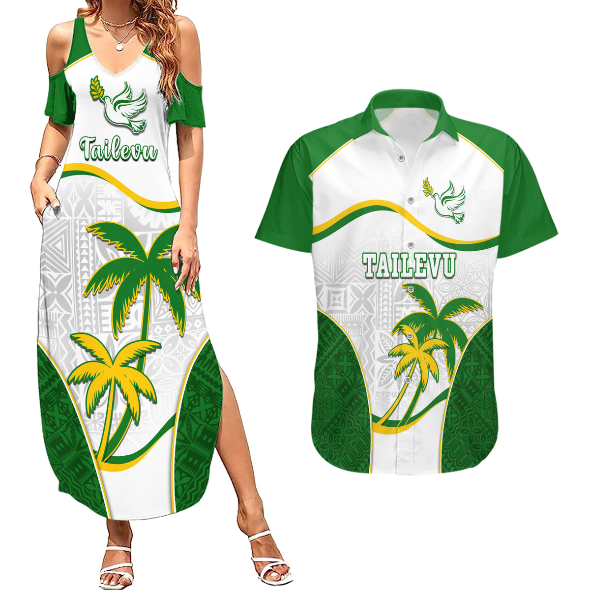 Custom Tailevu Rugby Couples Matching Summer Maxi Dress and Hawaiian Shirt Fiji Tapa Pattern LT05 Green - Polynesian Pride