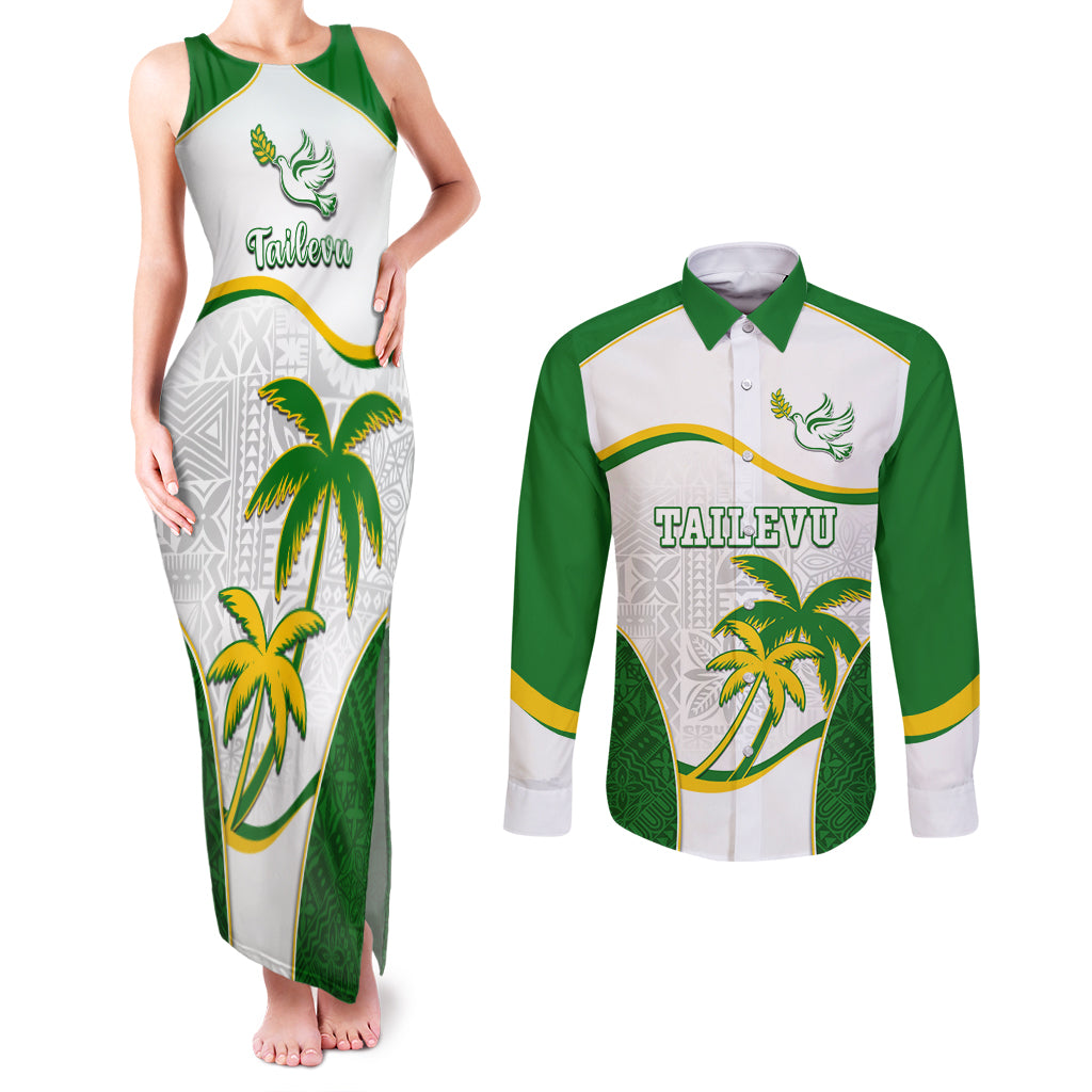 Custom Tailevu Rugby Couples Matching Tank Maxi Dress and Long Sleeve Button Shirt Fiji Tapa Pattern LT05 Green - Polynesian Pride