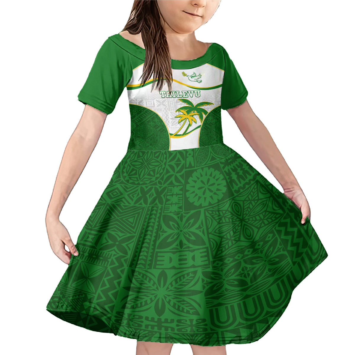 Custom Tailevu Rugby Family Matching Mermaid Dress and Hawaiian Shirt Fiji Tapa Pattern LT05 Daughter's Dress Green - Polynesian Pride