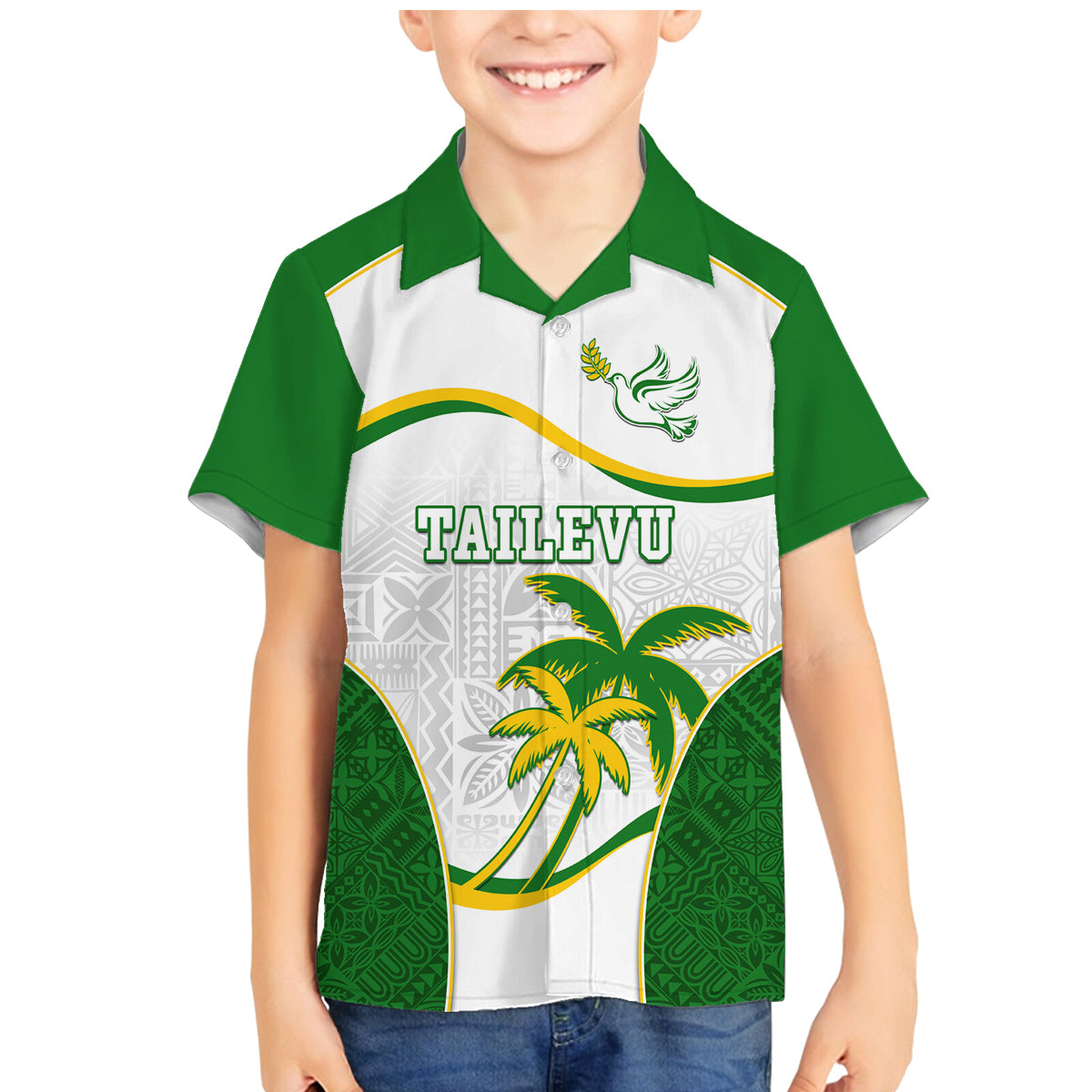 Custom Tailevu Rugby Family Matching Mermaid Dress and Hawaiian Shirt Fiji Tapa Pattern LT05 Son's Shirt Green - Polynesian Pride