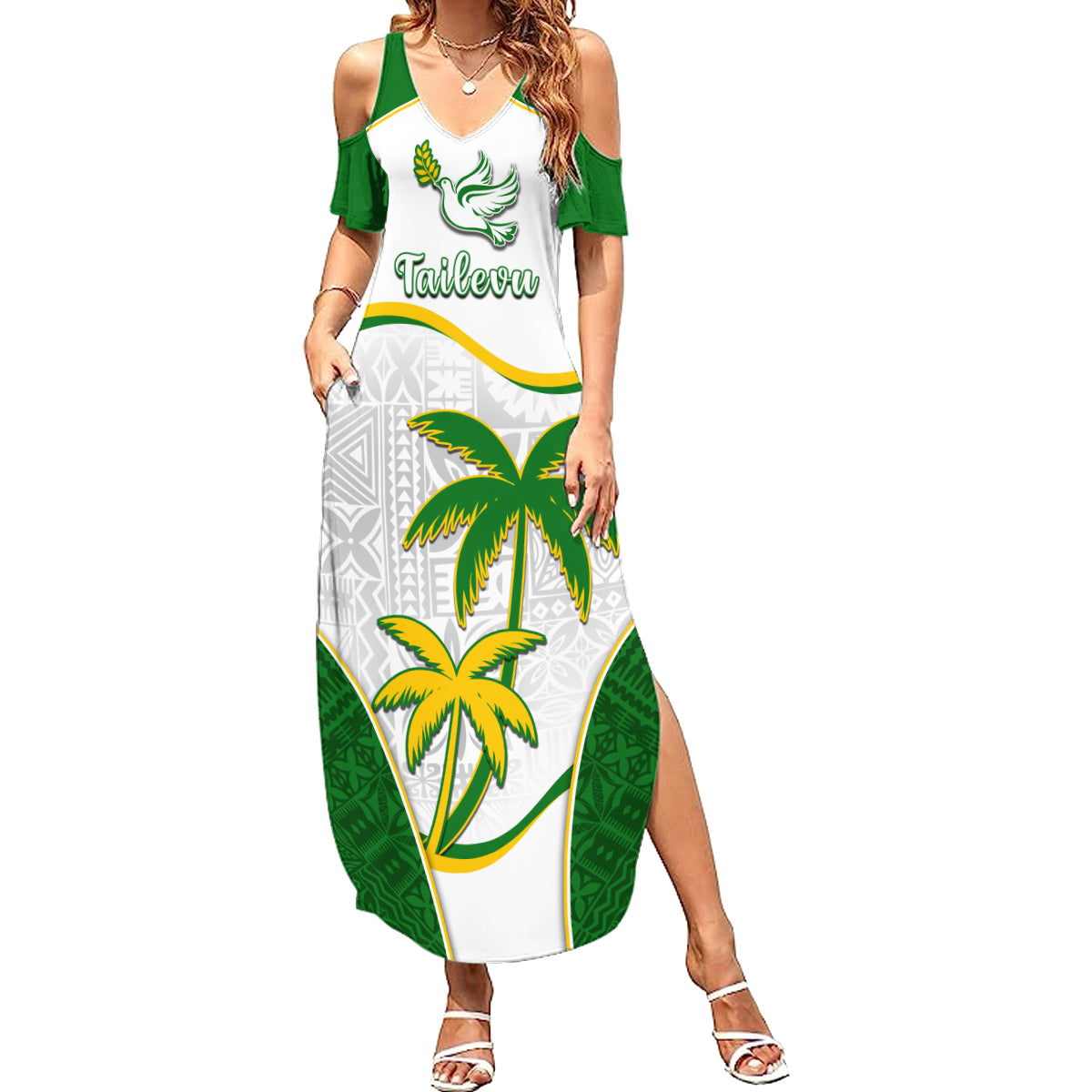 Custom Tailevu Rugby Summer Maxi Dress Fiji Tapa Pattern LT05 Women Green - Polynesian Pride