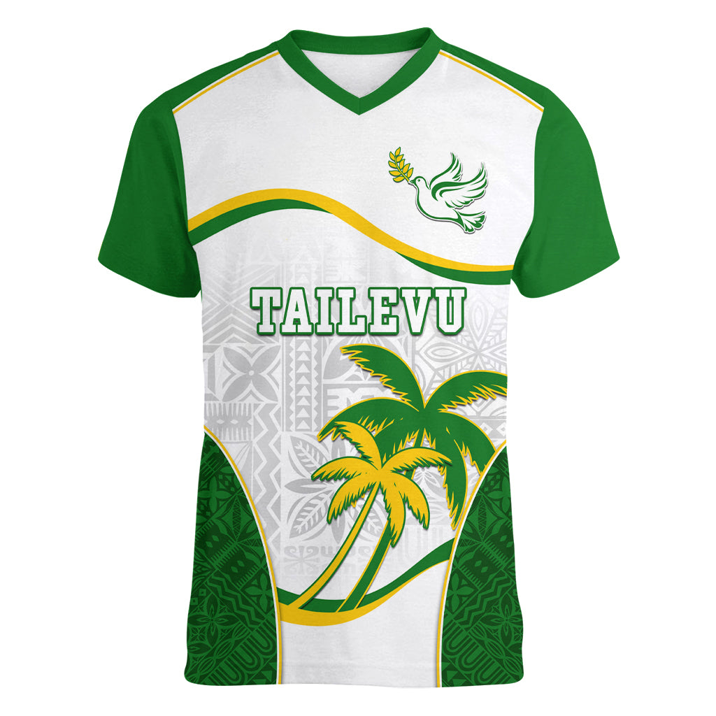 Custom Tailevu Rugby Women V Neck T Shirt Fiji Tapa Pattern LT05 Female Green - Polynesian Pride