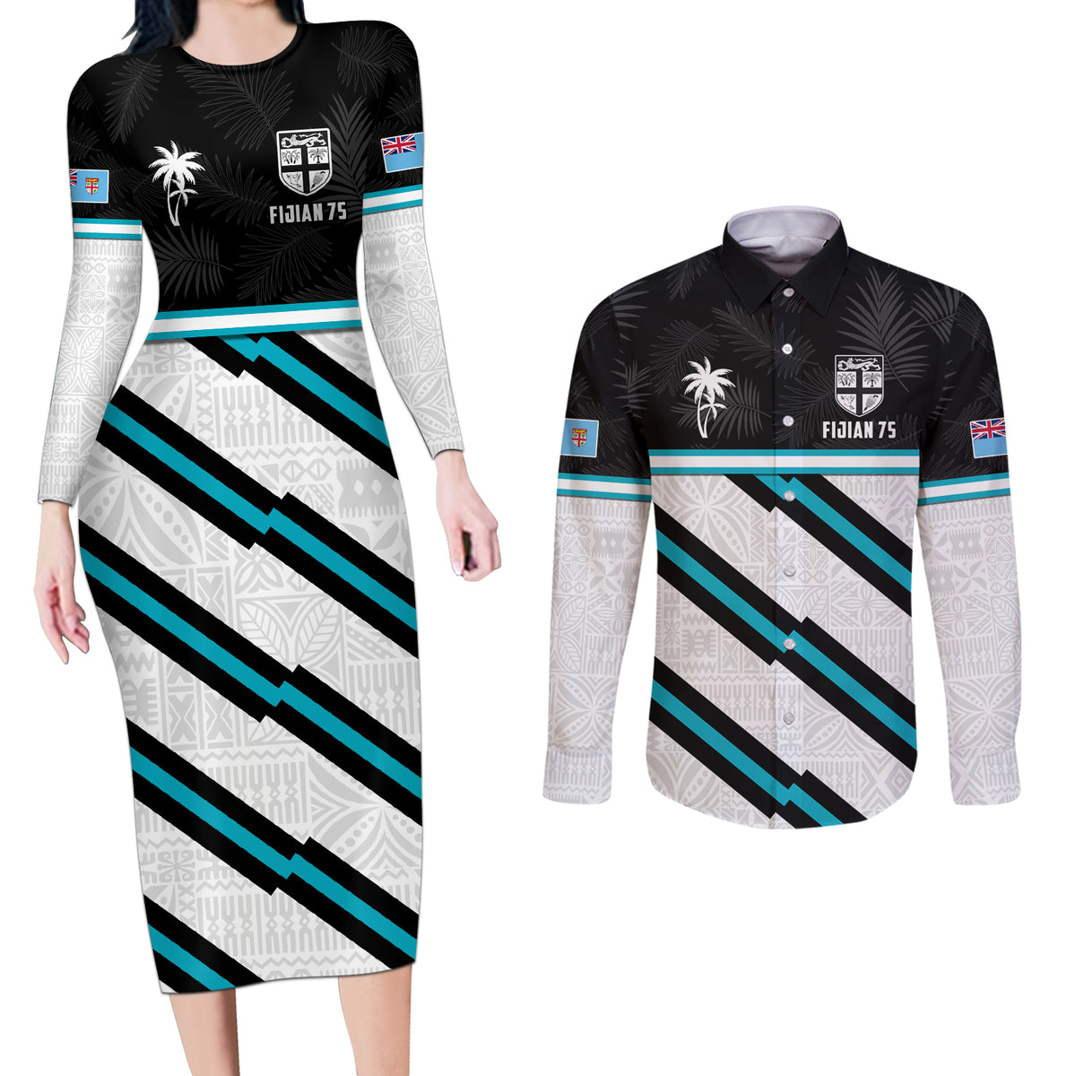 Custom Fiji Rugby Couples Matching Long Sleeve Bodycon Dress and Long Sleeve Button Shirt Fijian 7s With Tapa Pattern LT05 White - Polynesian Pride