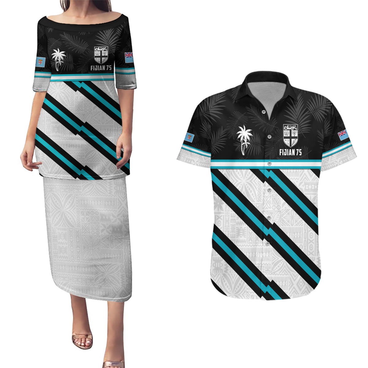 Custom Fiji Rugby Couples Matching Puletasi and Hawaiian Shirt Fijian 7s With Tapa Pattern LT05 White - Polynesian Pride