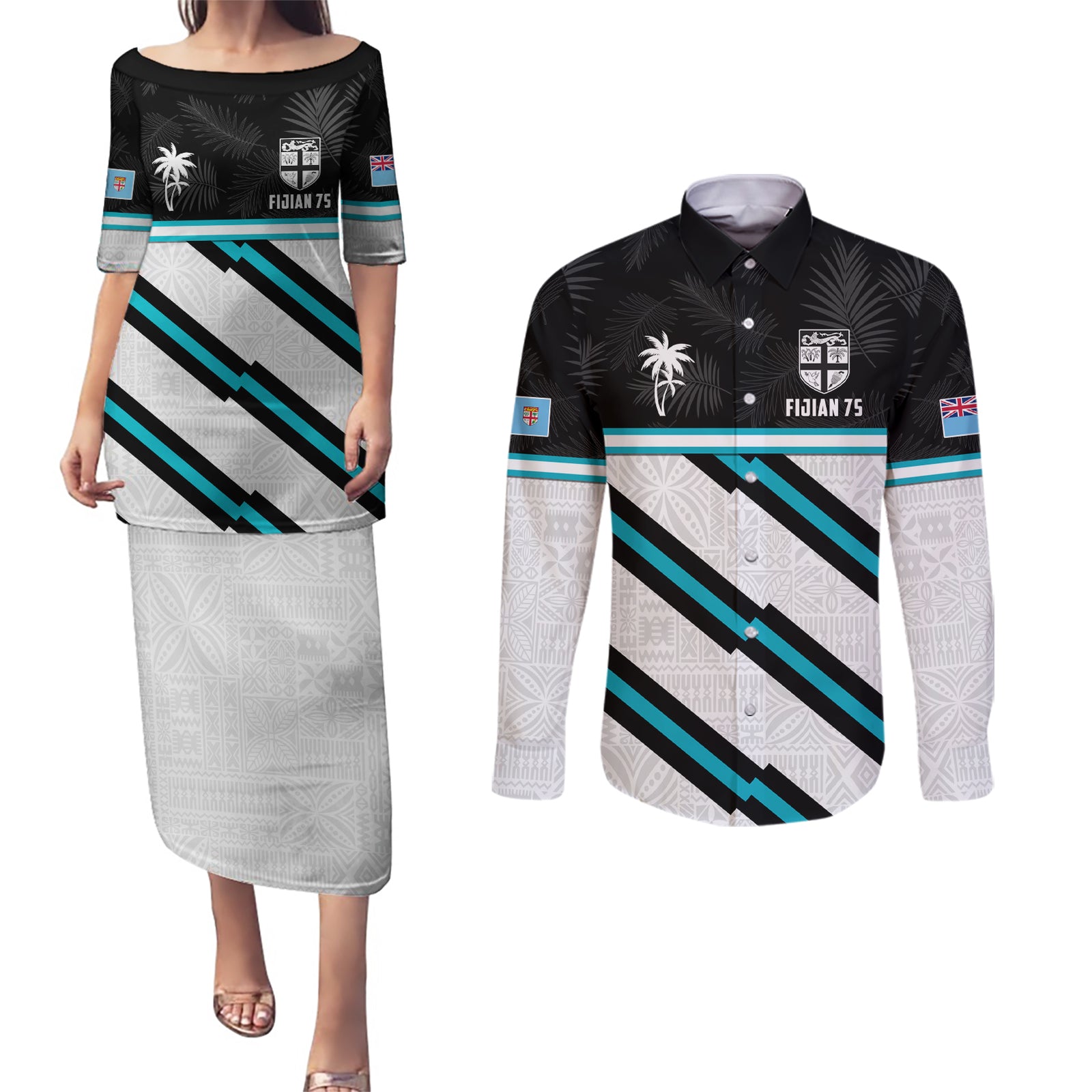 Custom Fiji Rugby Couples Matching Puletasi and Long Sleeve Button Shirt Fijian 7s With Tapa Pattern LT05 White - Polynesian Pride