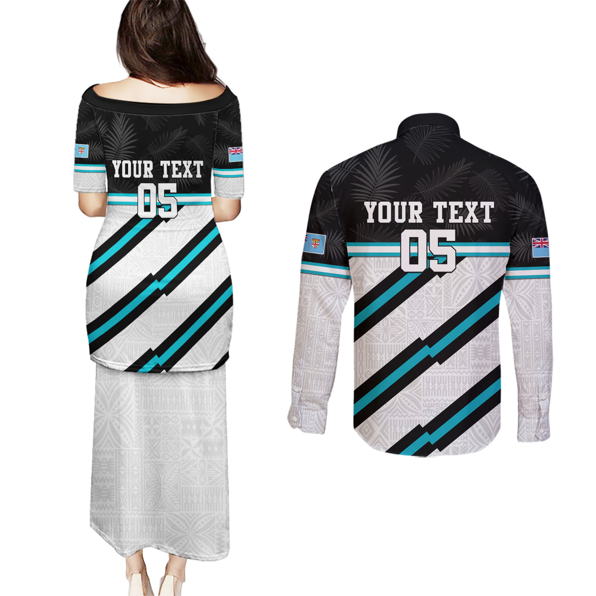 Custom Fiji Rugby Couples Matching Puletasi and Long Sleeve Button Shirt Fijian 7s With Tapa Pattern LT05 - Polynesian Pride