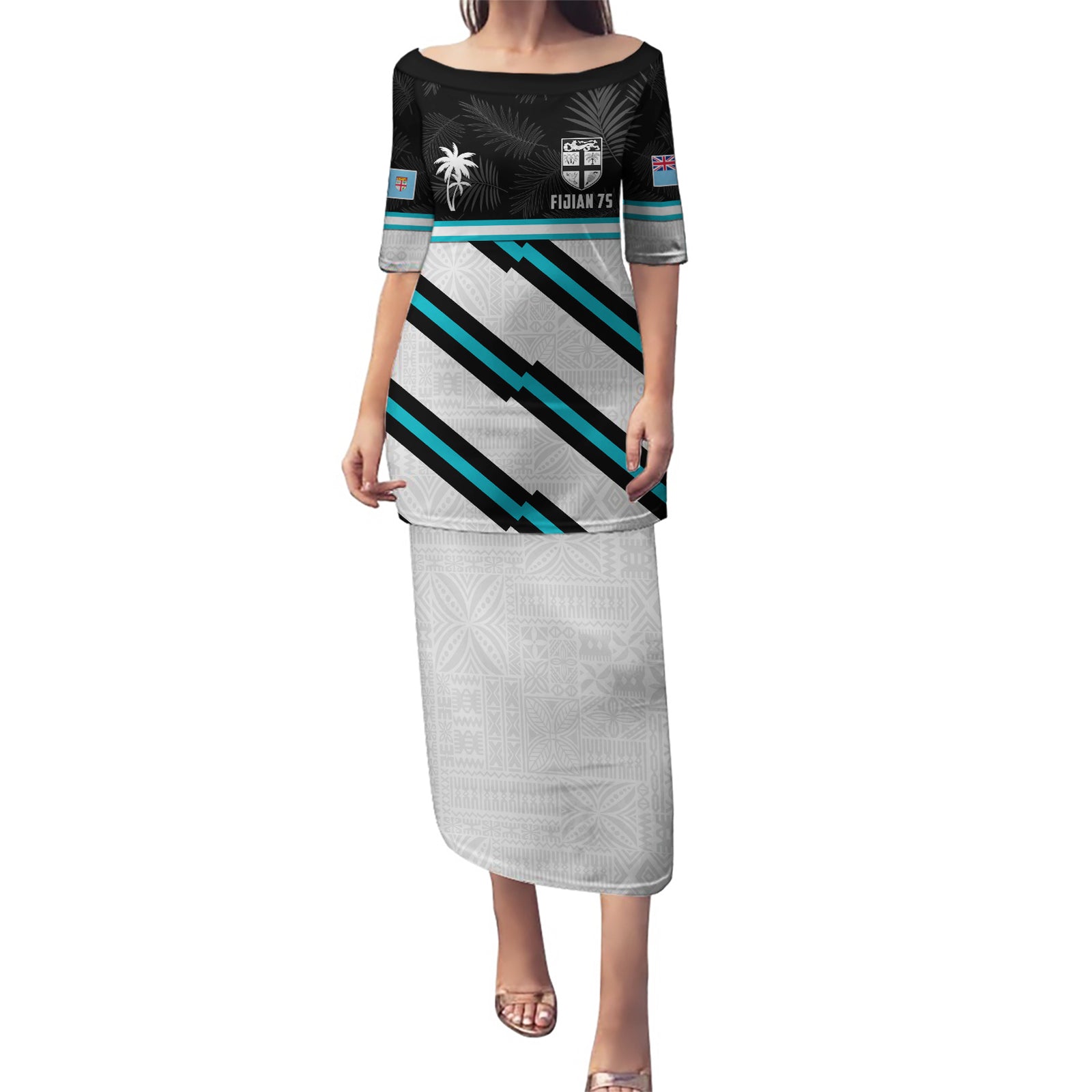 Custom Fiji Rugby Puletasi Fijian 7s With Tapa Pattern LT05 Long Dress White - Polynesian Pride