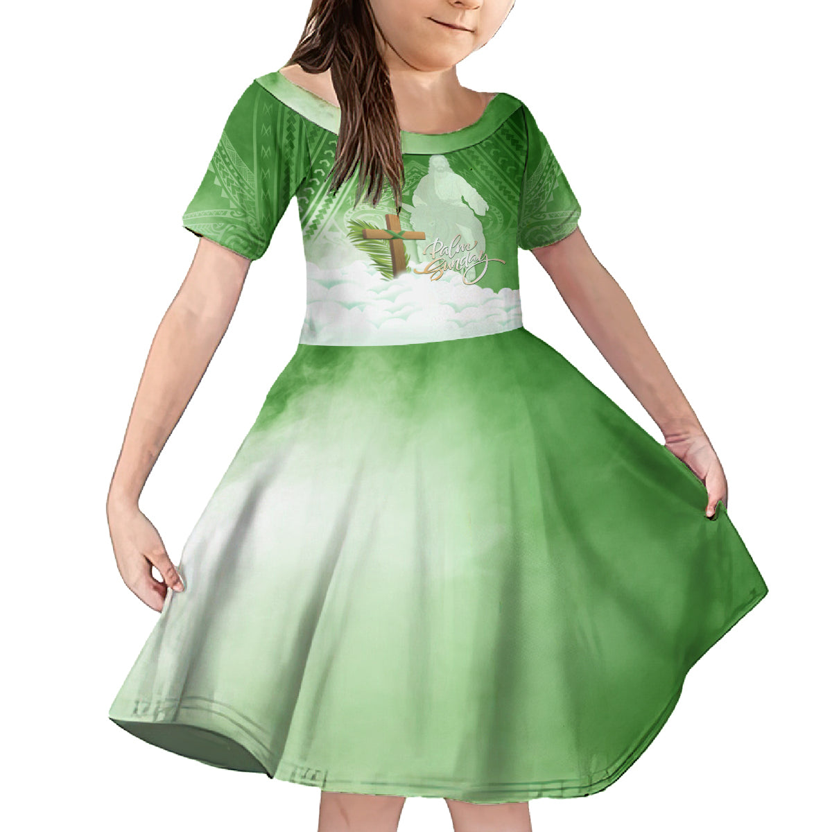 Happy Palm Sunday Kid Short Sleeve Dress With Polynesian Pattern LT05 KID Green - Polynesian Pride