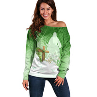 Happy Palm Sunday Off Shoulder Sweater With Polynesian Pattern LT05 Women Green - Polynesian Pride
