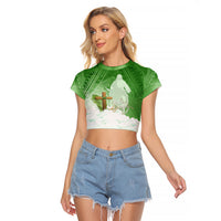 Happy Palm Sunday Raglan Cropped T Shirt With Polynesian Pattern LT05 Female Green - Polynesian Pride