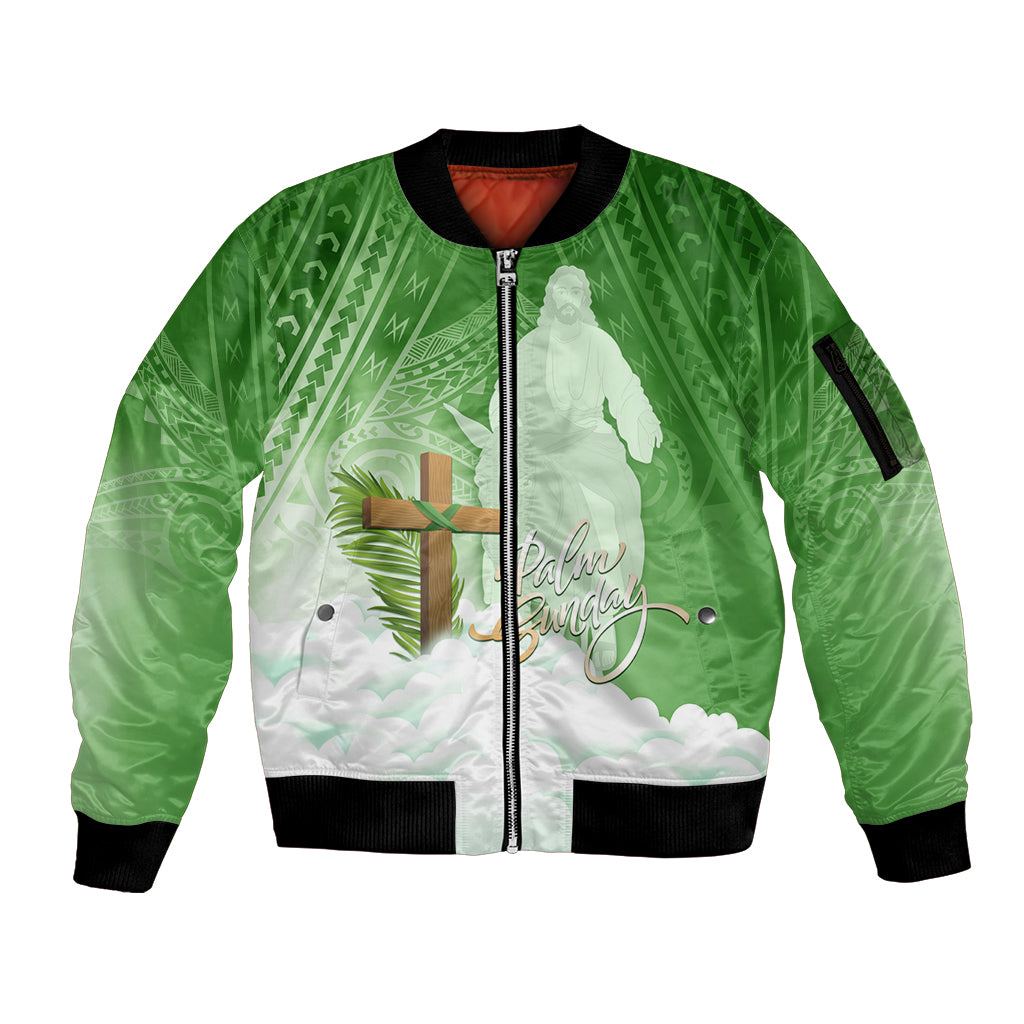 Happy Palm Sunday Sleeve Zip Bomber Jacket With Polynesian Pattern LT05 Unisex Green - Polynesian Pride