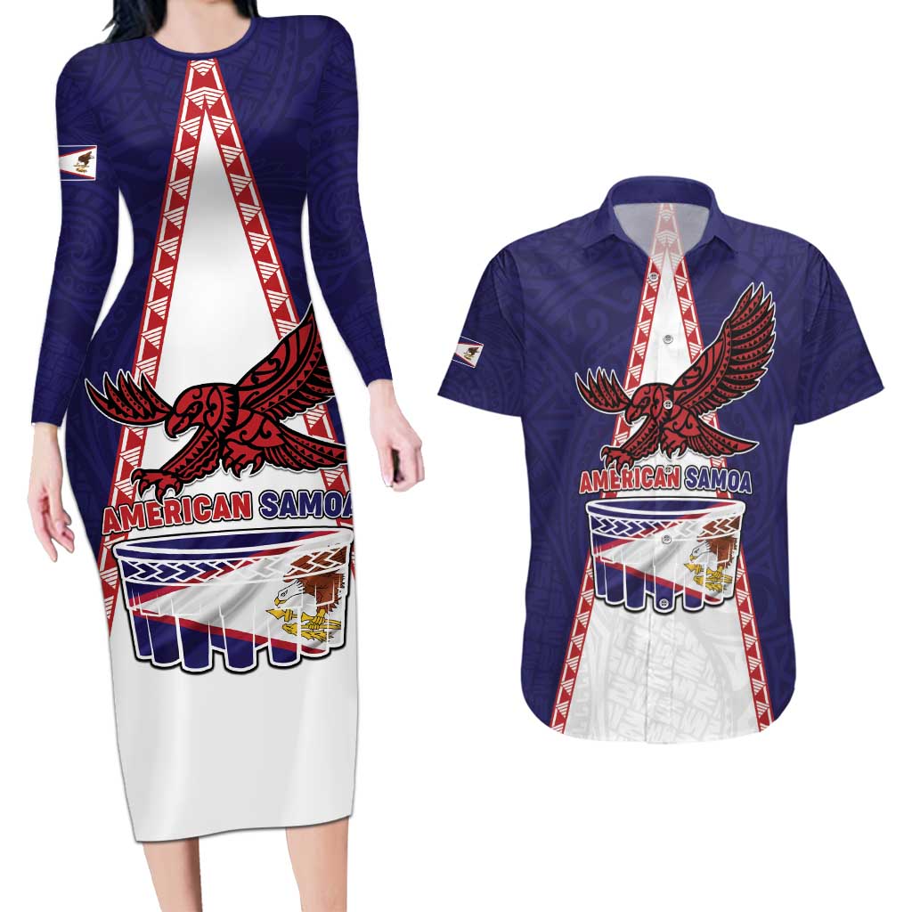 Personalised American Samoa Flag Day Couples Matching Long Sleeve Bodycon Dress and Hawaiian Shirt Flag Style LT05 Blue - Polynesian Pride