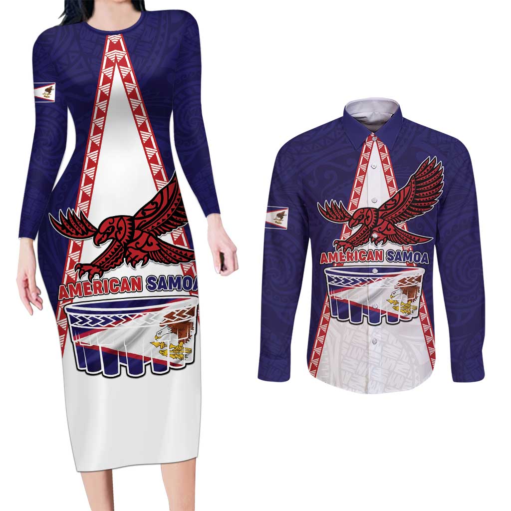 Personalised American Samoa Flag Day Couples Matching Long Sleeve Bodycon Dress and Long Sleeve Button Shirt Flag Style LT05 Blue - Polynesian Pride