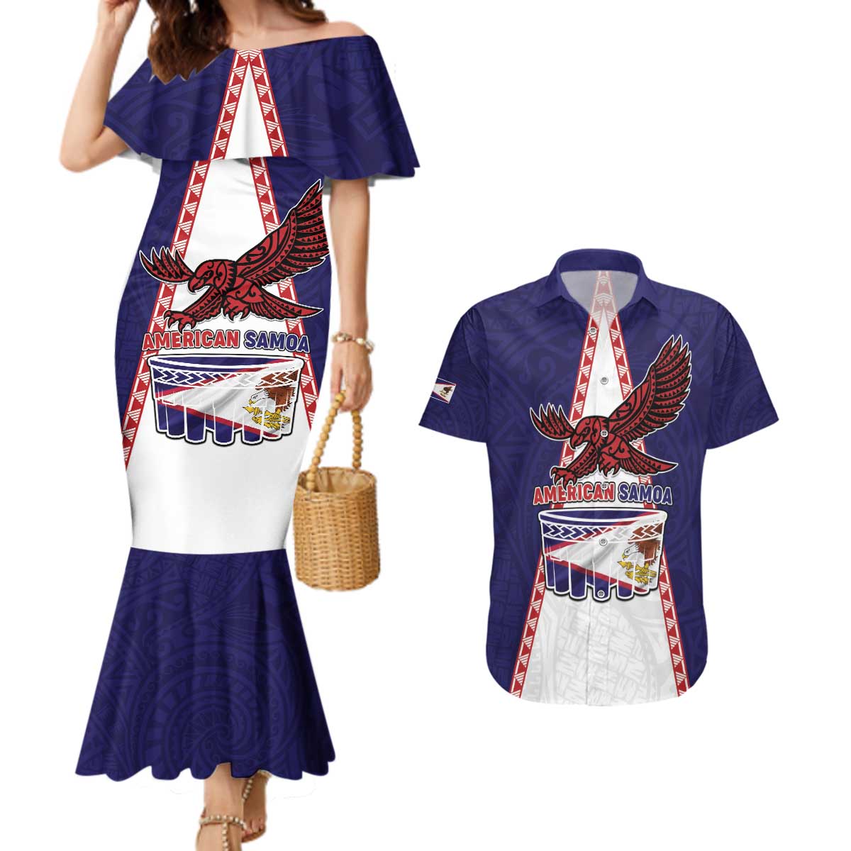 Personalised American Samoa Flag Day Couples Matching Mermaid Dress and Hawaiian Shirt Flag Style LT05 Blue - Polynesian Pride
