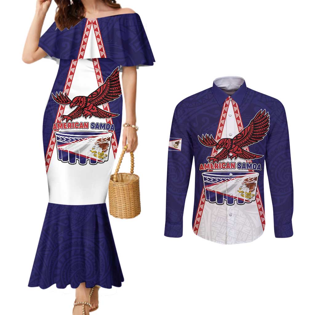 Personalised American Samoa Flag Day Couples Matching Mermaid Dress and Long Sleeve Button Shirt Flag Style LT05 Blue - Polynesian Pride