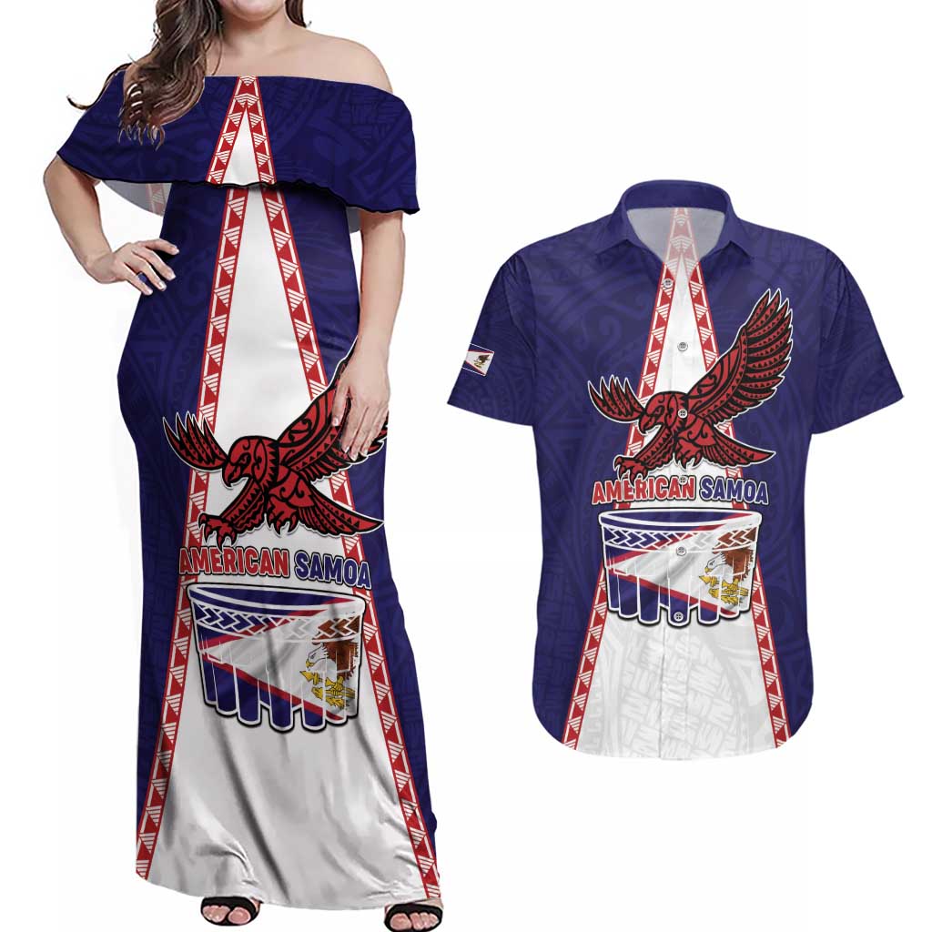 Personalised American Samoa Flag Day Couples Matching Off Shoulder Maxi Dress and Hawaiian Shirt Flag Style LT05 Blue - Polynesian Pride