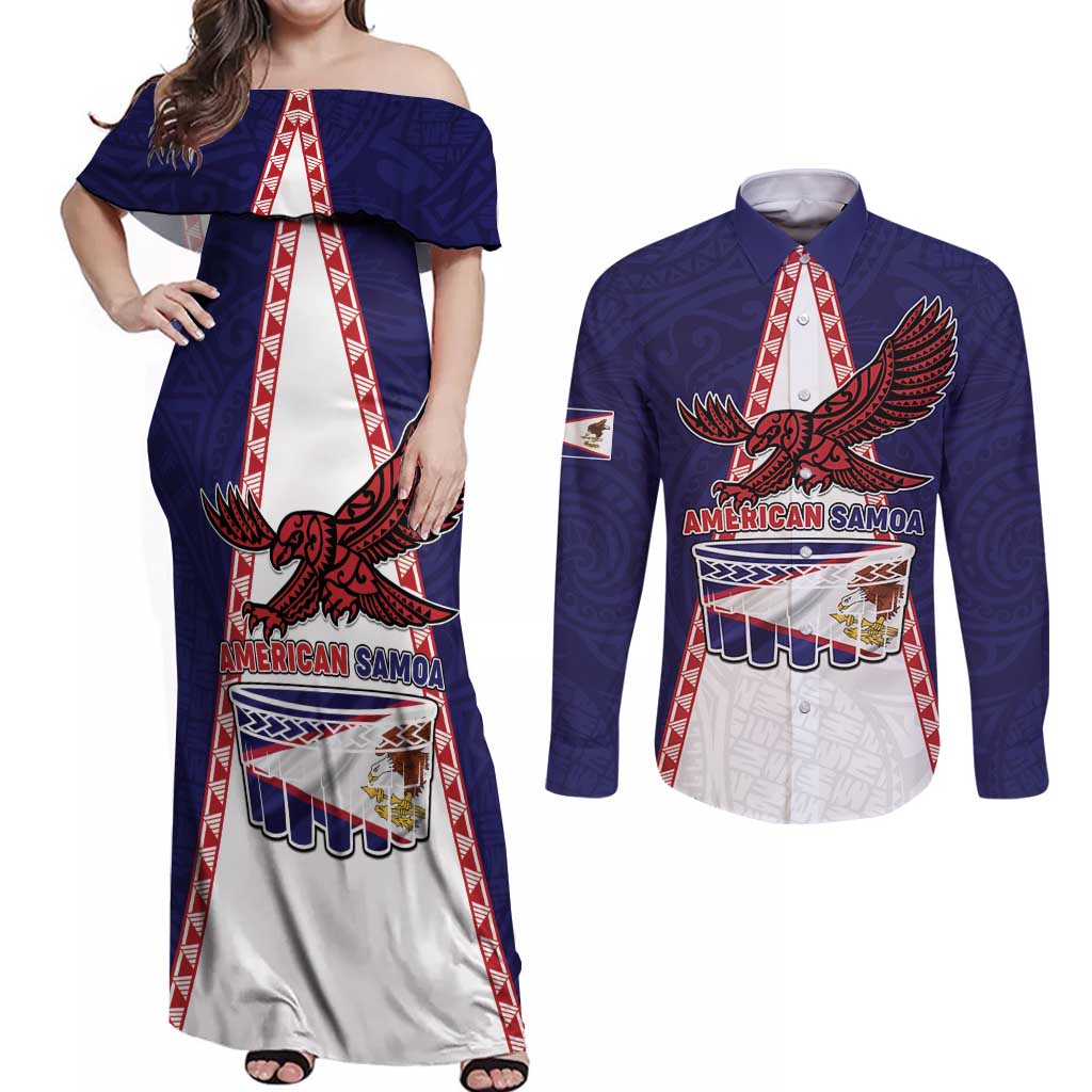 Personalised American Samoa Flag Day Couples Matching Off Shoulder Maxi Dress and Long Sleeve Button Shirt Flag Style LT05 Blue - Polynesian Pride