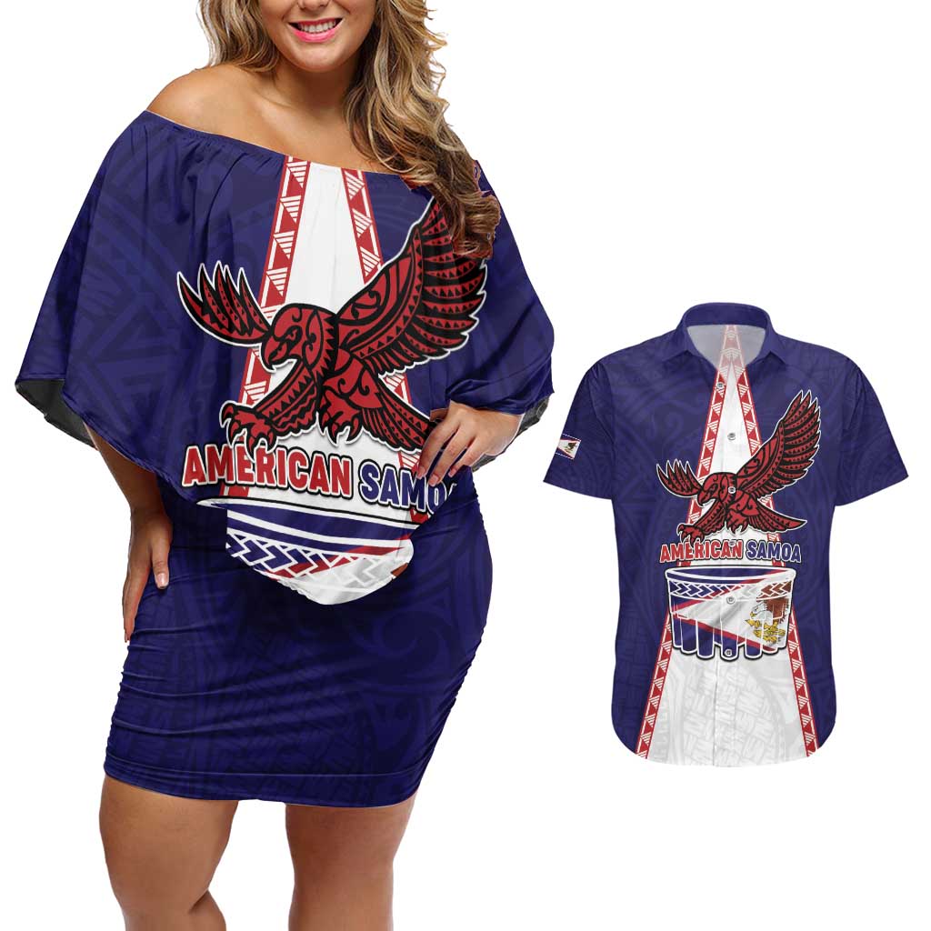 Personalised American Samoa Flag Day Couples Matching Off Shoulder Short Dress and Hawaiian Shirt Flag Style LT05 Blue - Polynesian Pride