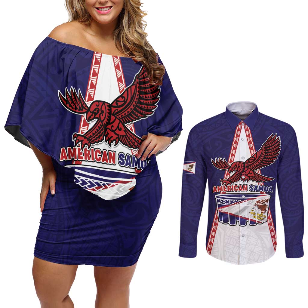 Personalised American Samoa Flag Day Couples Matching Off Shoulder Short Dress and Long Sleeve Button Shirt Flag Style LT05 Blue - Polynesian Pride