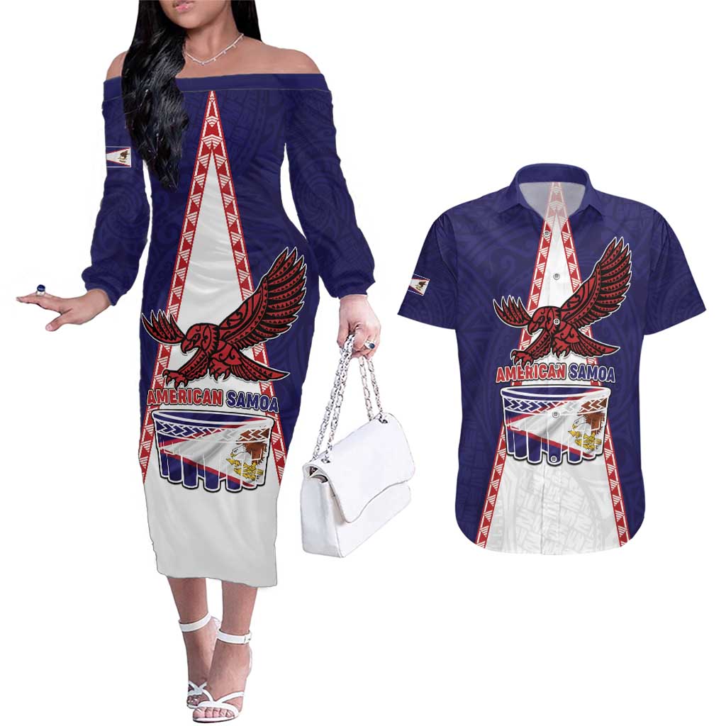 Personalised American Samoa Flag Day Couples Matching Off The Shoulder Long Sleeve Dress and Hawaiian Shirt Flag Style LT05 Blue - Polynesian Pride