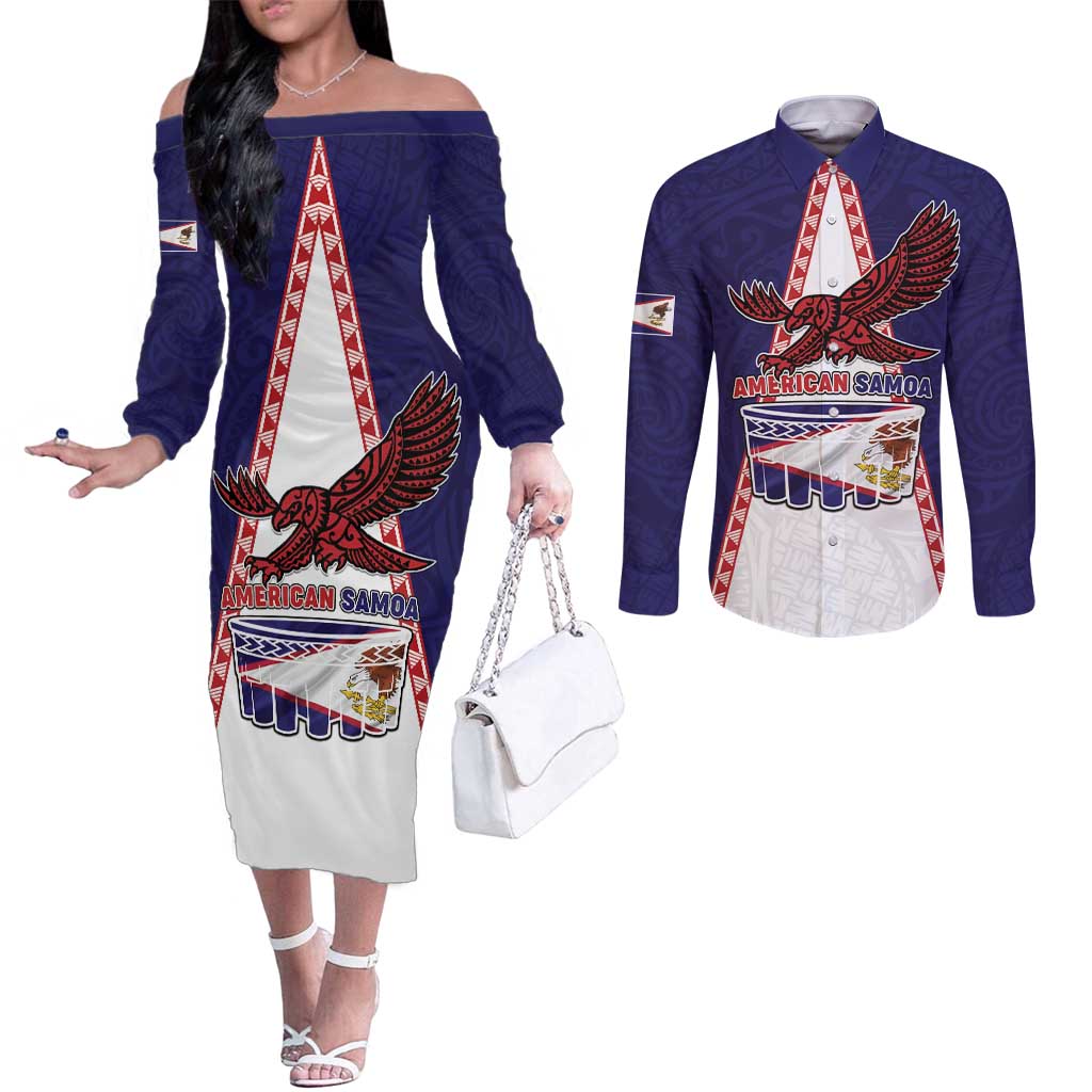 Personalised American Samoa Flag Day Couples Matching Off The Shoulder Long Sleeve Dress and Long Sleeve Button Shirt Flag Style LT05 Blue - Polynesian Pride