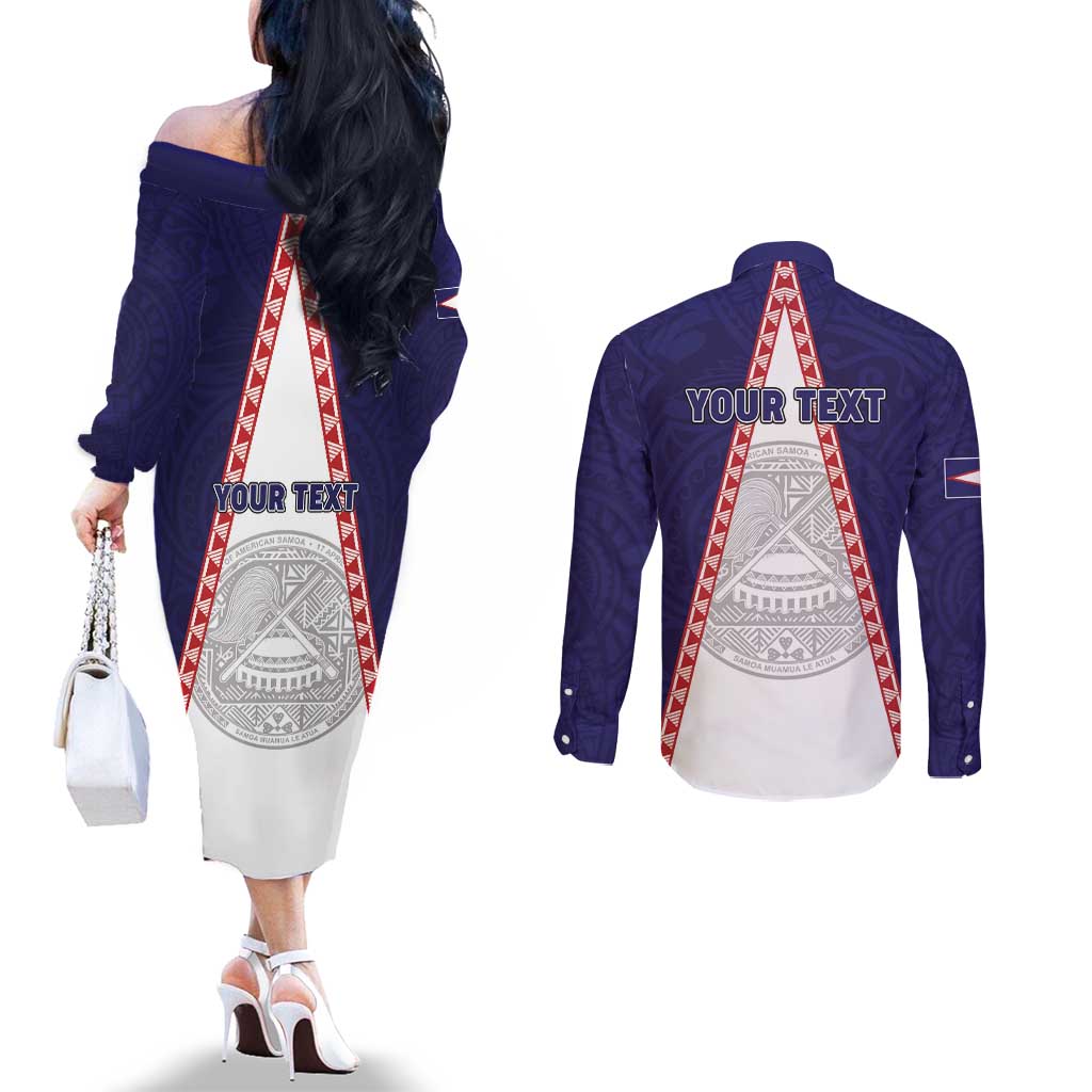 Personalised American Samoa Flag Day Couples Matching Off The Shoulder Long Sleeve Dress and Long Sleeve Button Shirt Flag Style