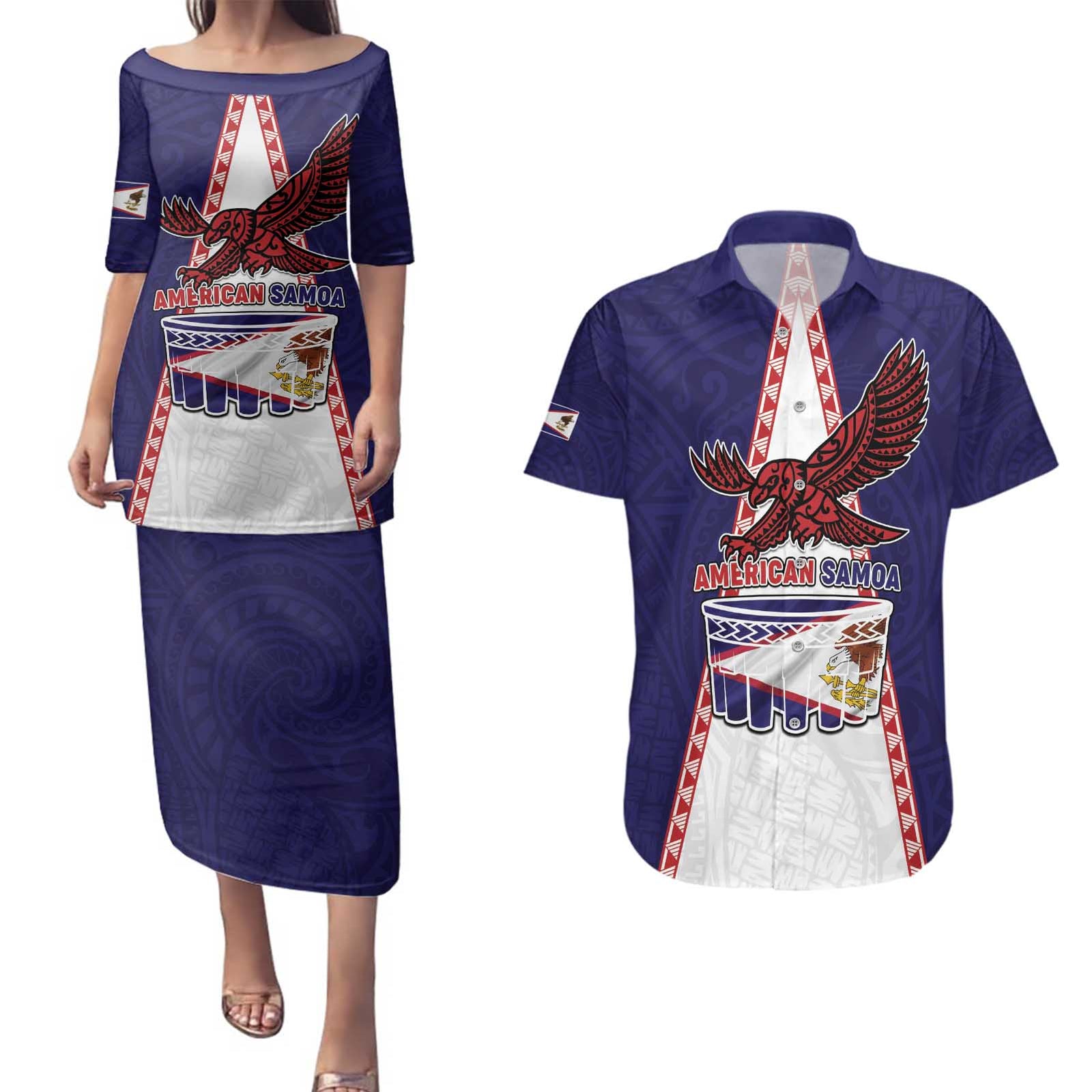 Personalised American Samoa Flag Day Couples Matching Puletasi and Hawaiian Shirt Flag Style LT05 Blue - Polynesian Pride