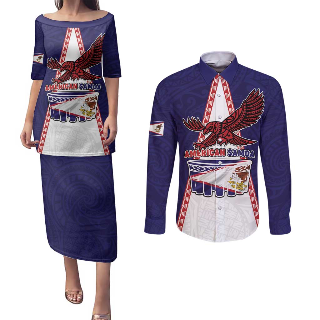 Personalised American Samoa Flag Day Couples Matching Puletasi and Long Sleeve Button Shirt Flag Style LT05 Blue - Polynesian Pride