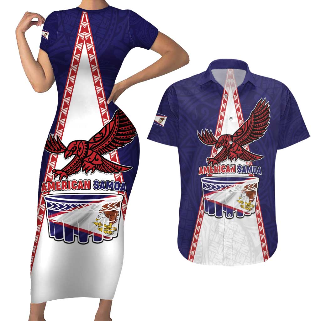Personalised American Samoa Flag Day Couples Matching Short Sleeve Bodycon Dress and Hawaiian Shirt Flag Style LT05 Blue - Polynesian Pride