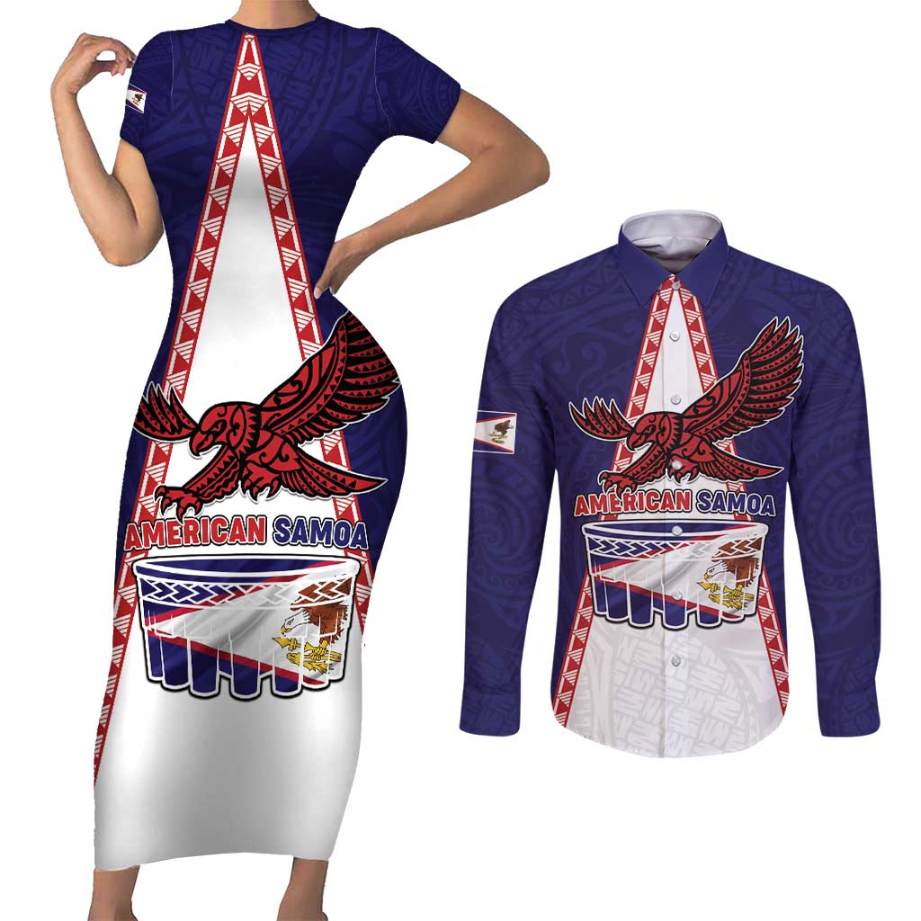 Personalised American Samoa Flag Day Couples Matching Short Sleeve Bodycon Dress and Long Sleeve Button Shirt Flag Style LT05 Blue - Polynesian Pride