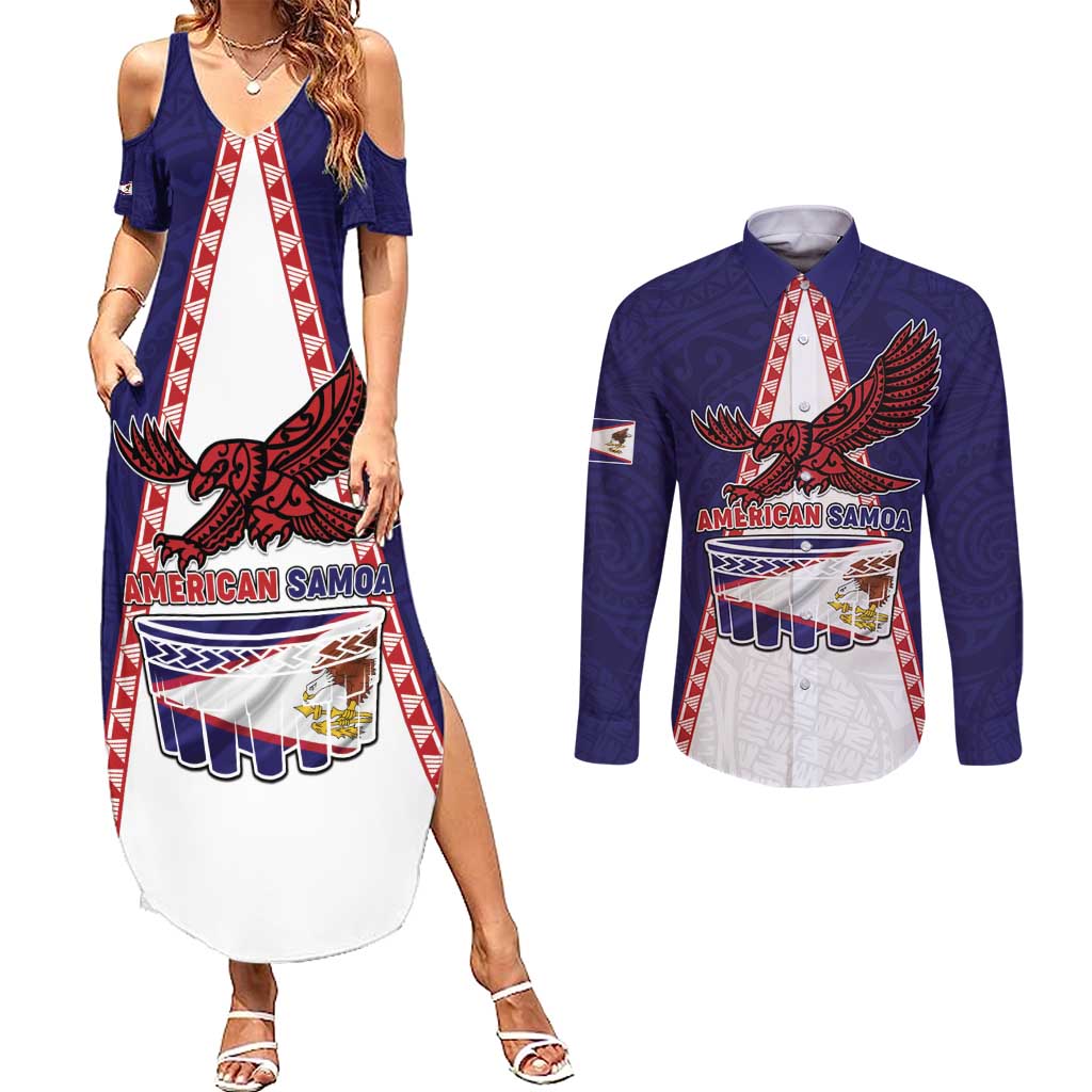 Personalised American Samoa Flag Day Couples Matching Summer Maxi Dress and Long Sleeve Button Shirt Flag Style LT05 Blue - Polynesian Pride