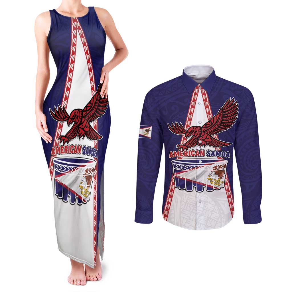 Personalised American Samoa Flag Day Couples Matching Tank Maxi Dress and Long Sleeve Button Shirt Flag Style LT05 Blue - Polynesian Pride
