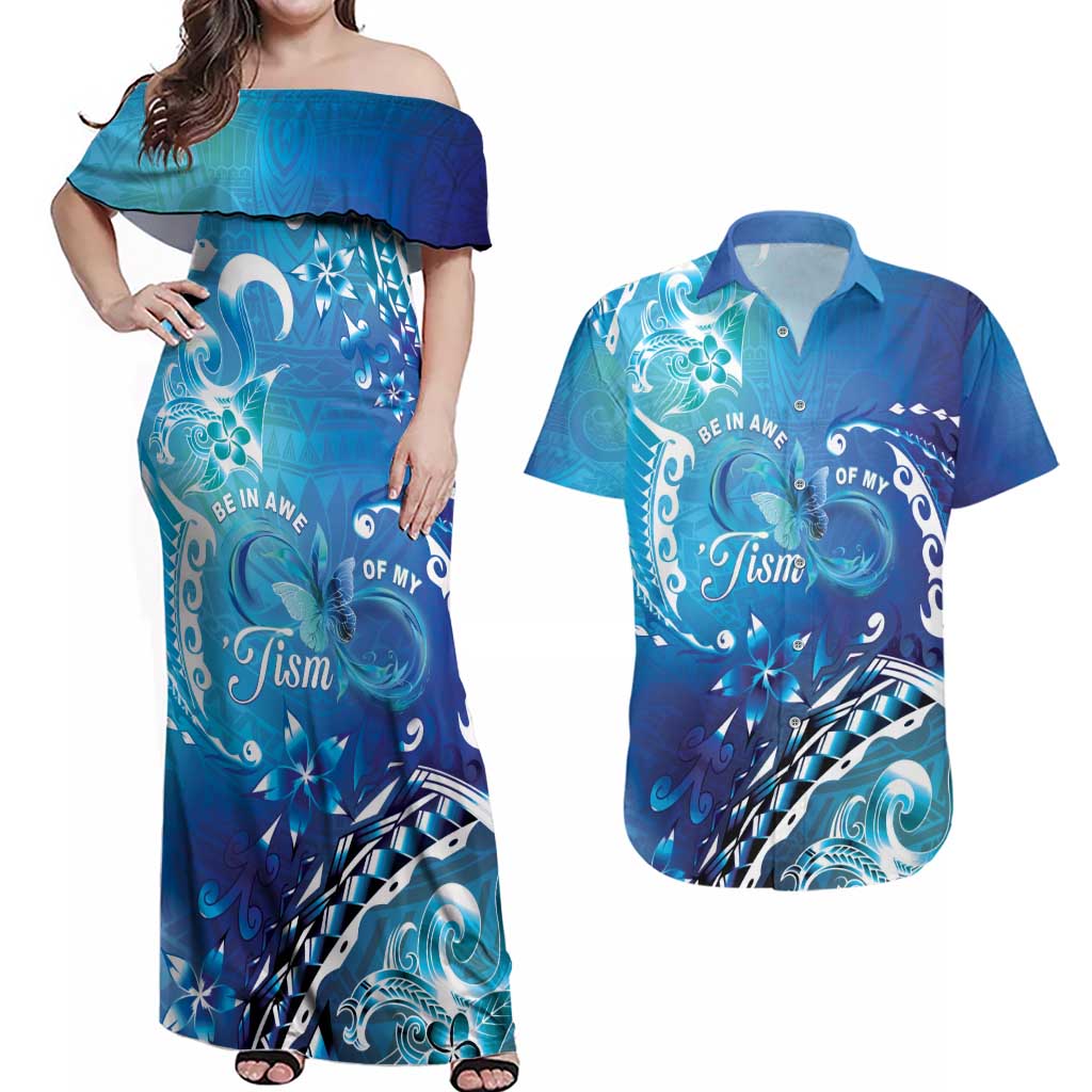 Polynesia Autism Awareness Couples Matching Off Shoulder Maxi Dress and Hawaiian Shirt Be In Awe Of My 'Tism