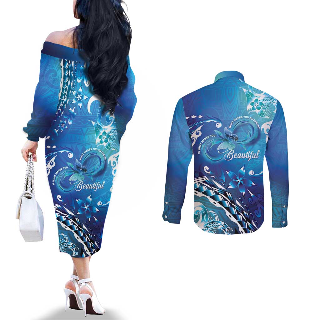 Polynesia Autism Awareness Couples Matching Off The Shoulder Long Sleeve Dress and Long Sleeve Button Shirt Be In Awe Of My 'Tism