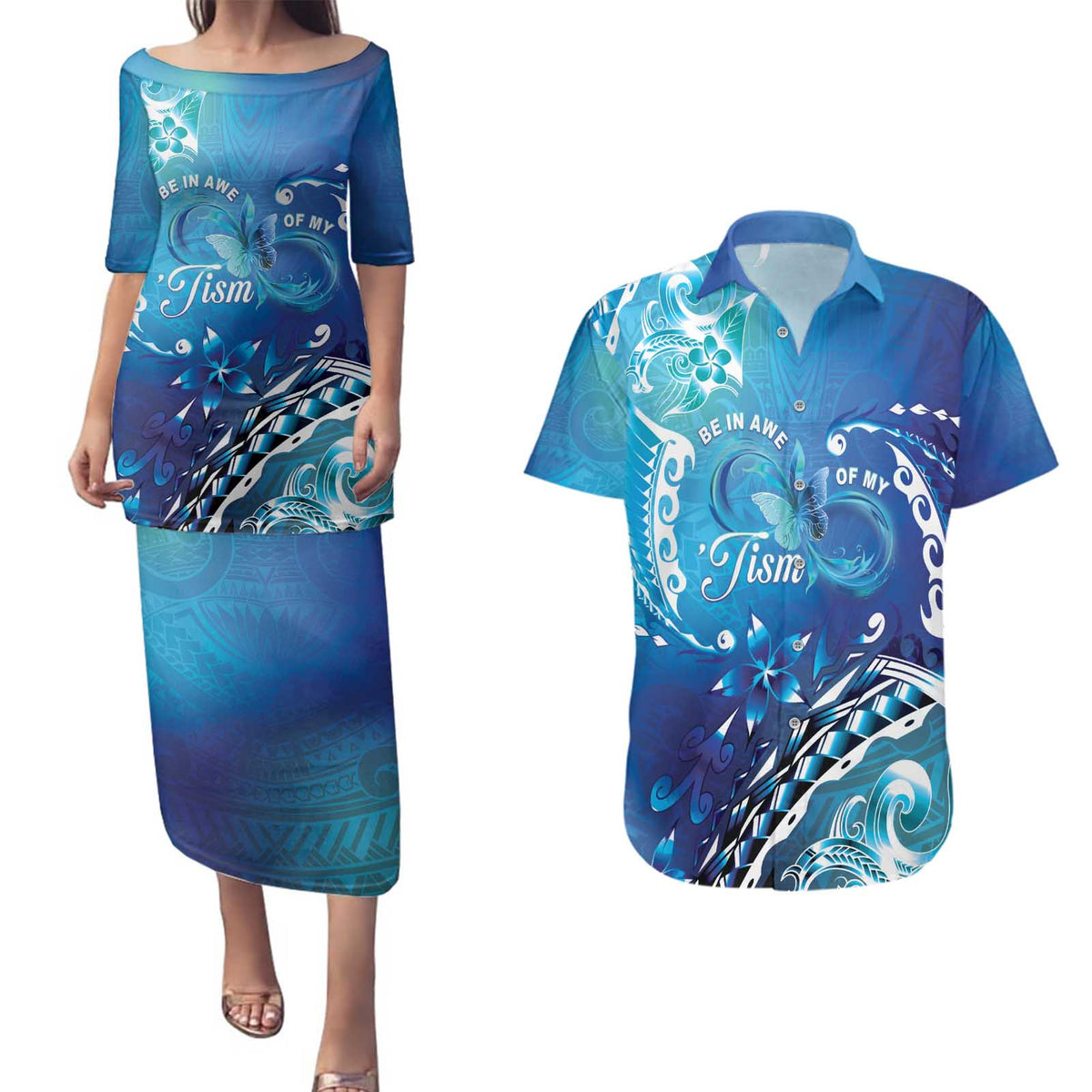 Polynesia Autism Awareness Couples Matching Puletasi and Hawaiian Shirt Be In Awe Of My 'Tism