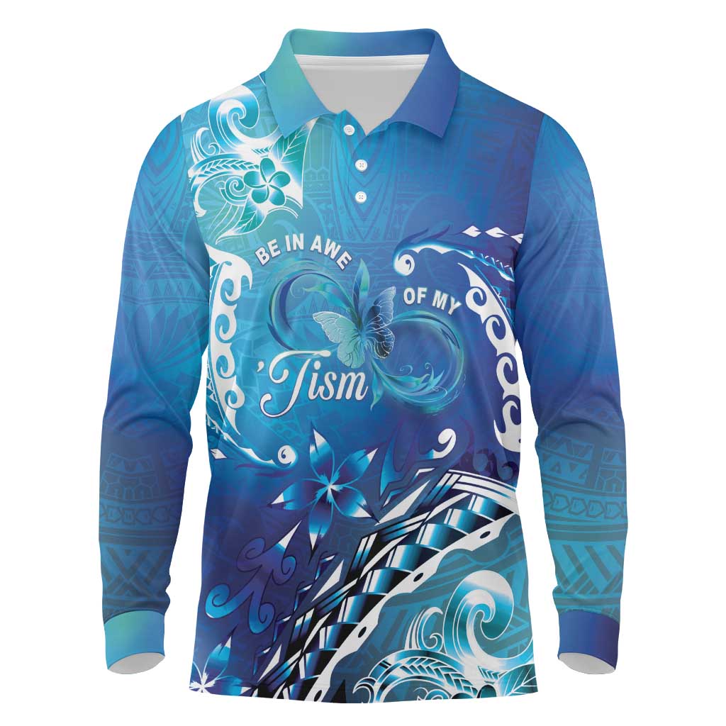 Polynesia Autism Awareness Long Sleeve Polo Shirt Be In Awe Of My 'Tism LT05 Blue - Polynesian Pride