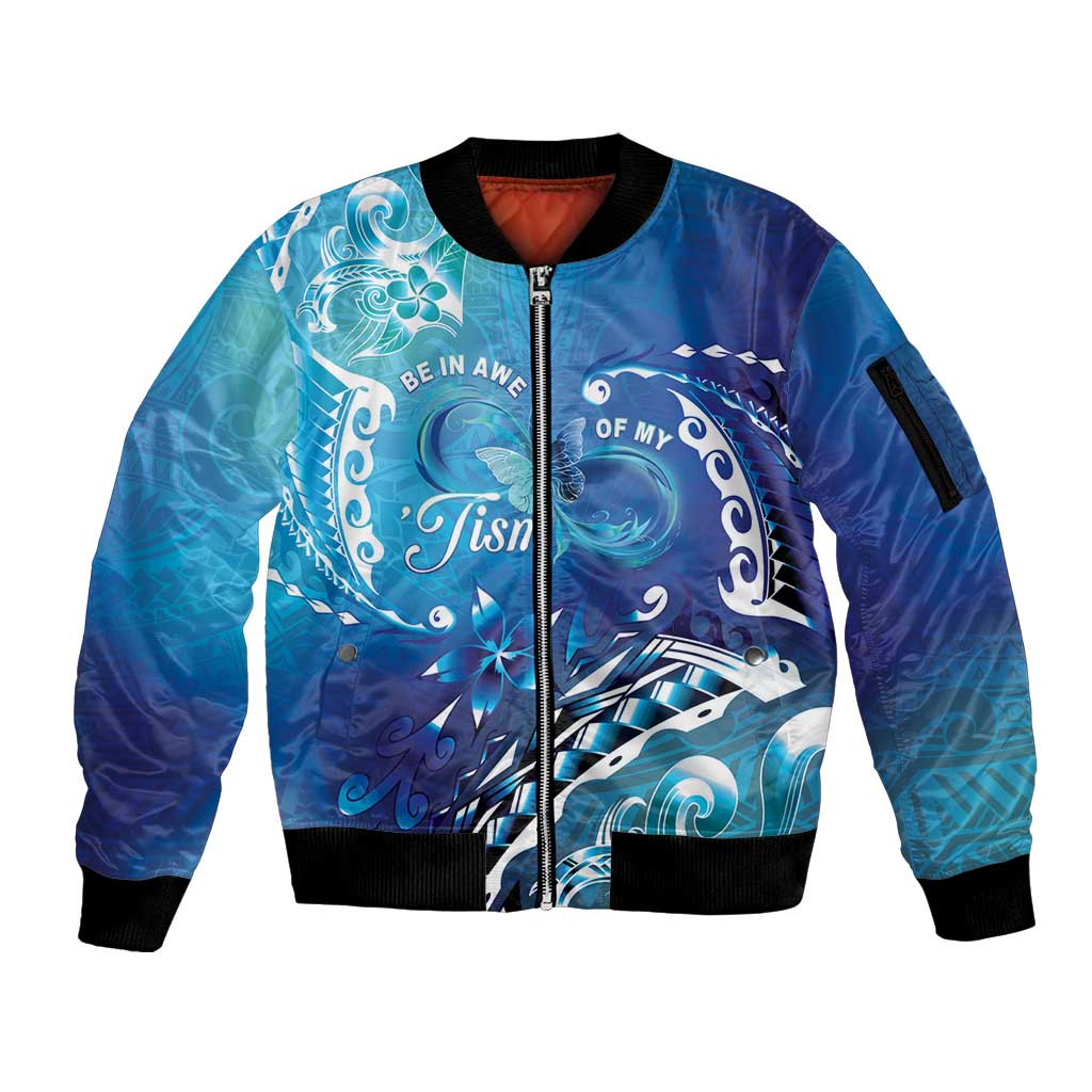 Polynesia Autism Awareness Sleeve Zip Bomber Jacket Be In Awe Of My 'Tism LT05 Unisex Blue - Polynesian Pride